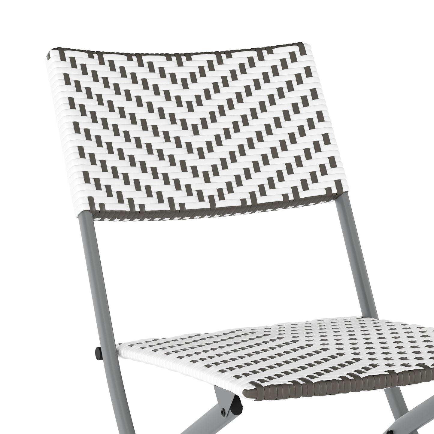 Rouen Three Piece Commercial Grade Foldable Bistro Set, Indoor/Outdoor PE Rattan Back, Seat and Table Top, Gray/White with Charcoal Steel Frame Gray & White