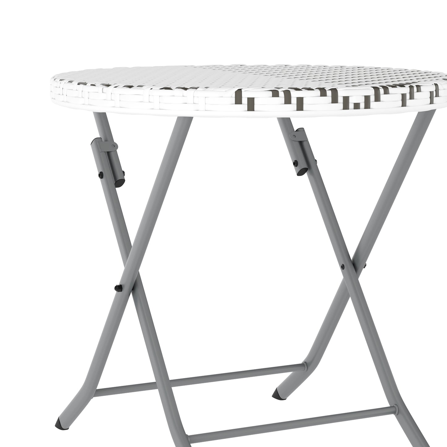 Rouen Three Piece Commercial Grade Foldable Bistro Set, Indoor/Outdoor PE Rattan Back, Seat and Table Top, Gray/White with Charcoal Steel Frame Gray & White