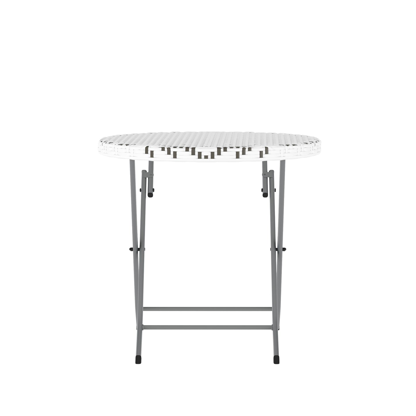 Rouen Three Piece Commercial Grade Foldable Bistro Set, Indoor/Outdoor PE Rattan Back, Seat and Table Top, Gray/White with Charcoal Steel Frame Gray & White