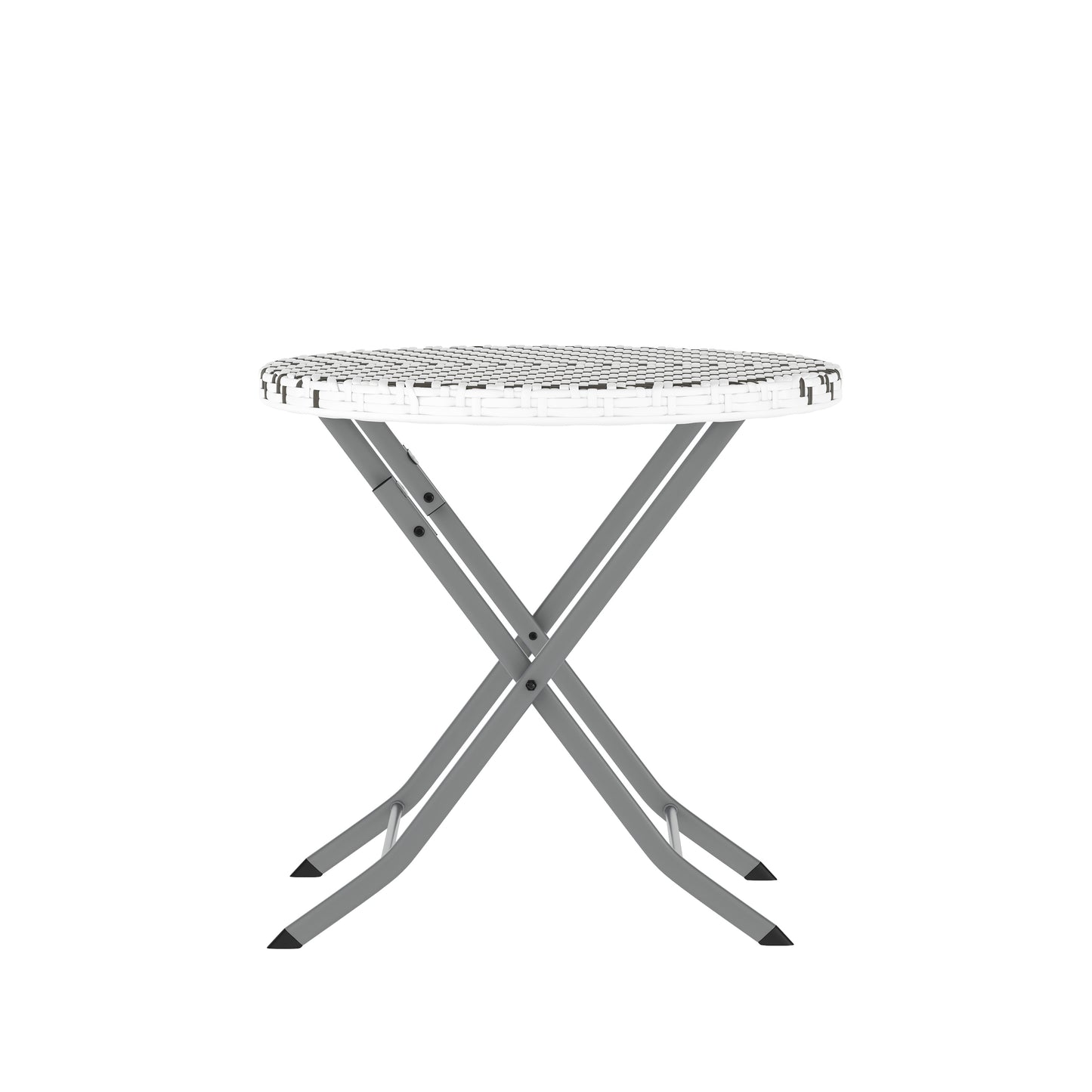 Rouen Three Piece Commercial Grade Foldable Bistro Set, Indoor/Outdoor PE Rattan Back, Seat and Table Top, Gray/White with Charcoal Steel Frame Gray & White
