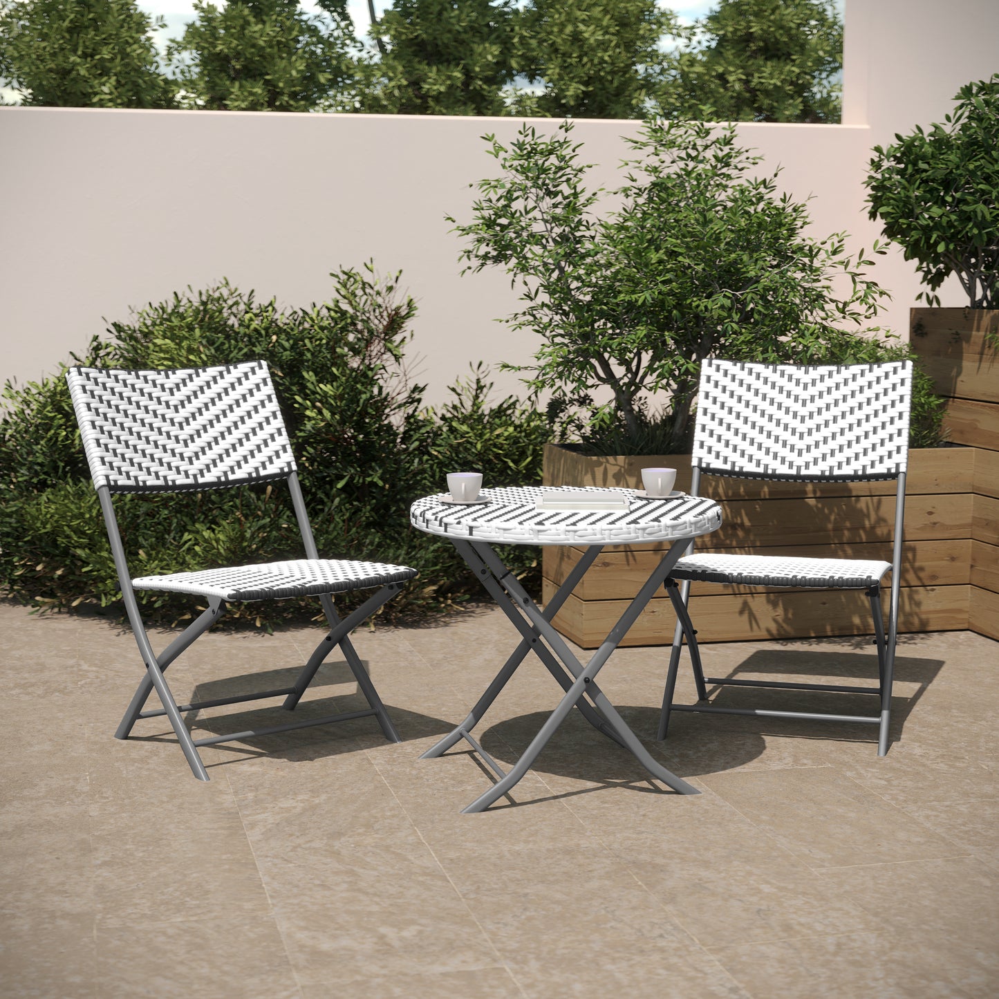 Rouen Three Piece Commercial Grade Foldable Bistro Set, Indoor/Outdoor PE Rattan Back, Seat and Table Top, Gray/White with Charcoal Steel Frame Gray & White