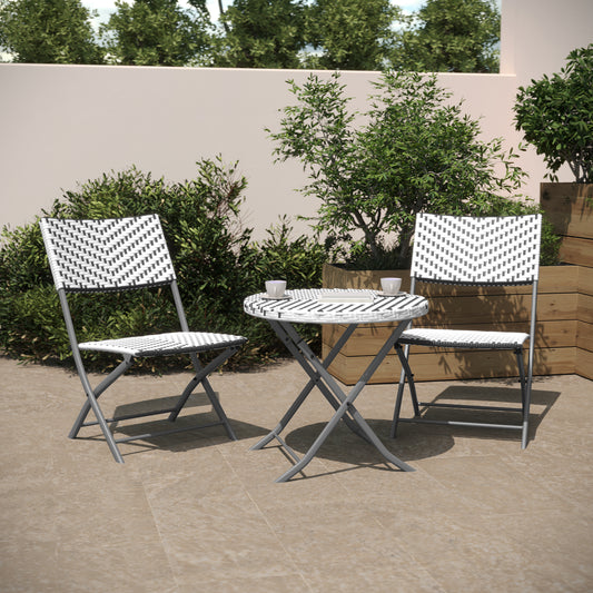 Rouen Three Piece Commercial Grade Foldable Bistro Set, Indoor/Outdoor PE Rattan Back, Seat and Table Top, Gray/White with Charcoal Steel Frame Gray & White