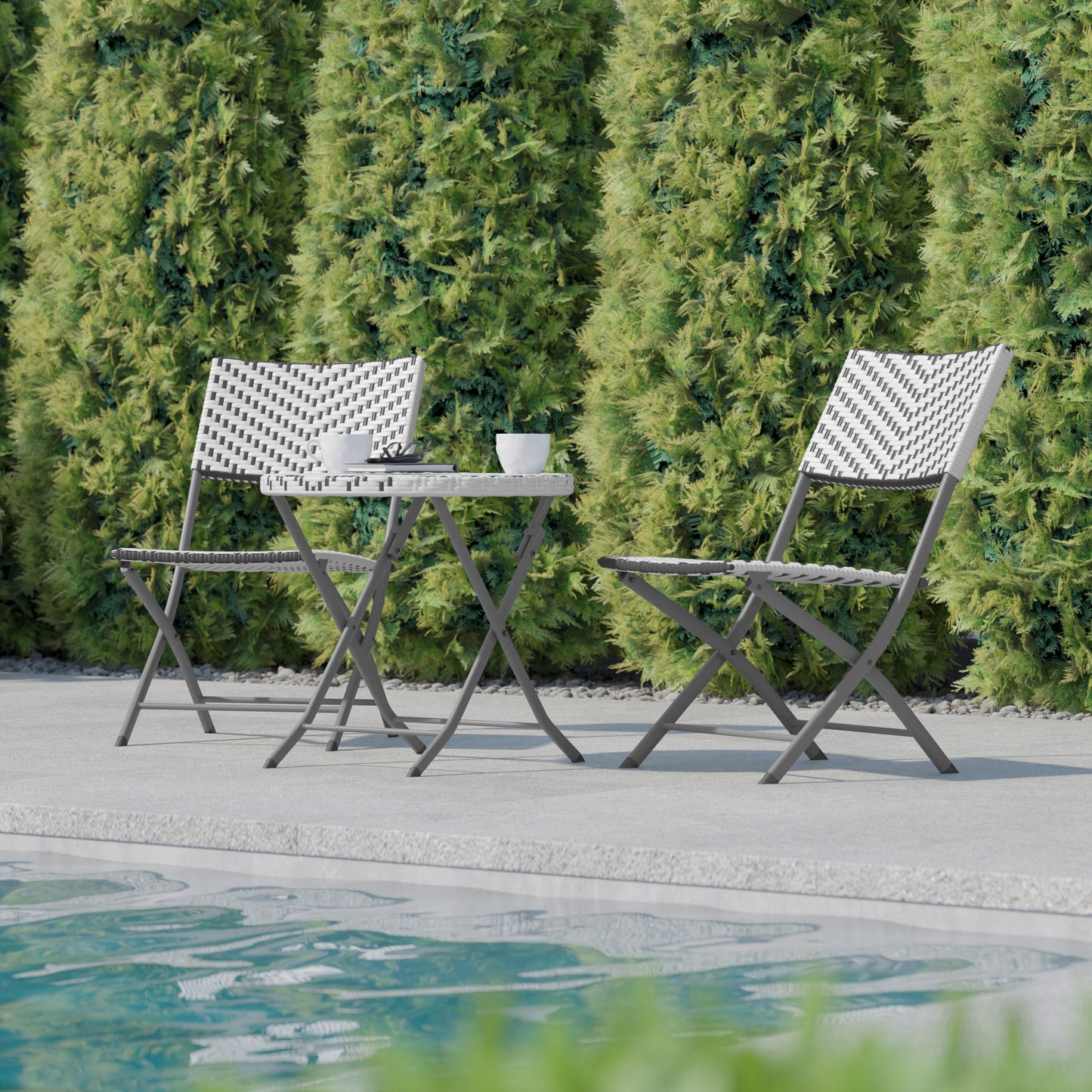 Rouen Three Piece Commercial Grade Foldable Bistro Set, Indoor/Outdoor PE Rattan Back, Seat and Table Top, Gray/White with Charcoal Steel Frame Gray & White