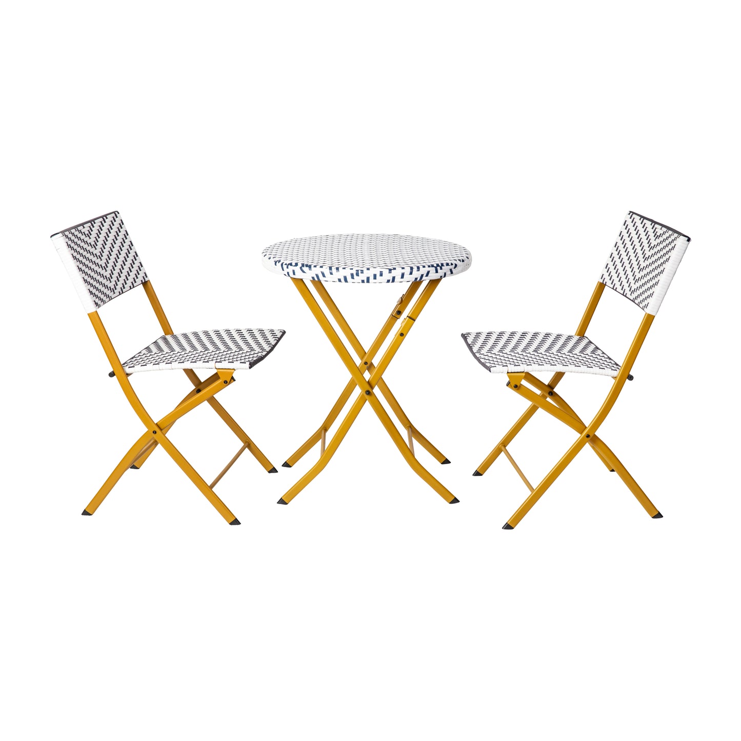 Rouen Three Piece Commercial Grade Foldable Bistro Set, Indoor/Outdoor PE Rattan Back, Seat and Table Top, Navy/White with Natural Steel Frames Navy & White