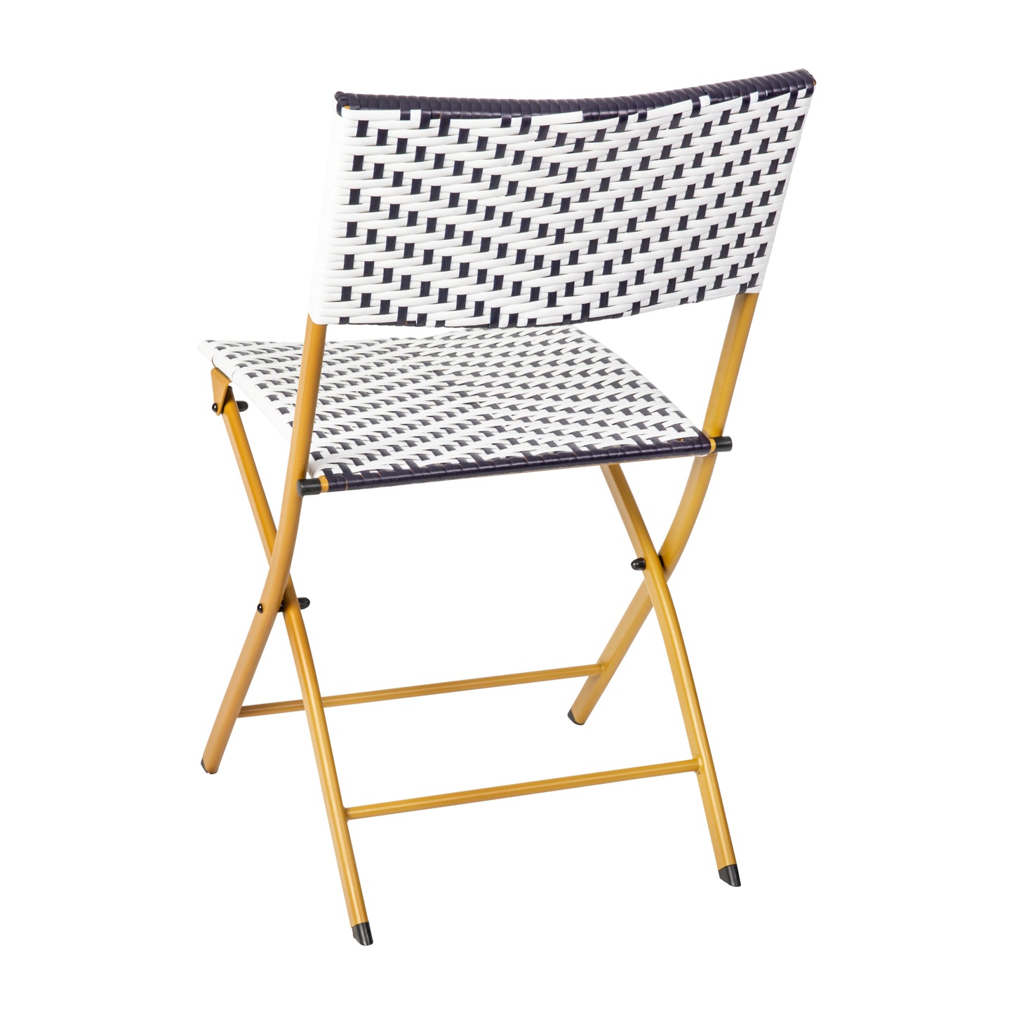 Rouen Three Piece Commercial Grade Foldable Bistro Set, Indoor/Outdoor PE Rattan Back, Seat and Table Top, Navy/White with Natural Steel Frames Navy & White