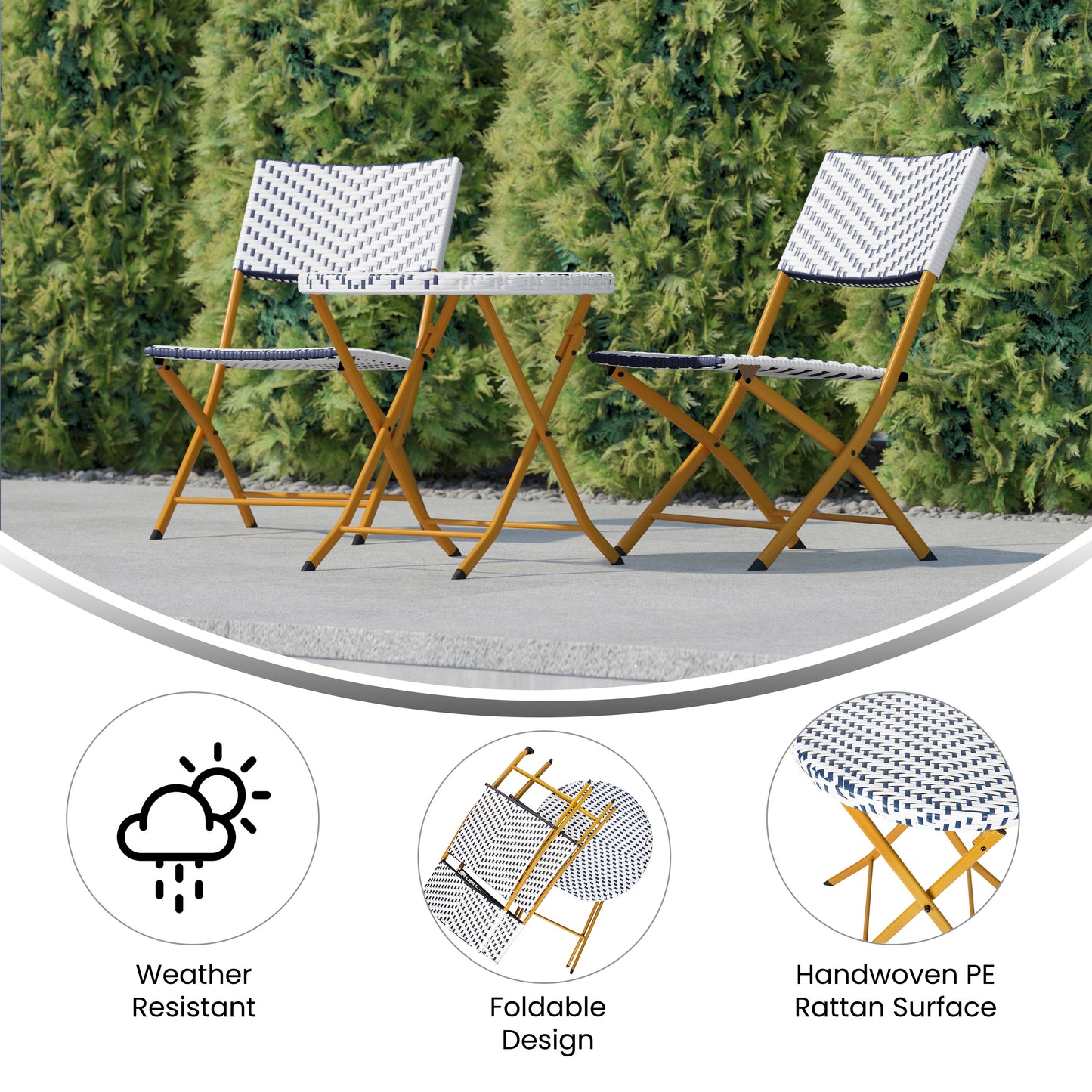 Rouen Three Piece Commercial Grade Foldable Bistro Set, Indoor/Outdoor PE Rattan Back, Seat and Table Top, Navy/White with Natural Steel Frames Navy & White