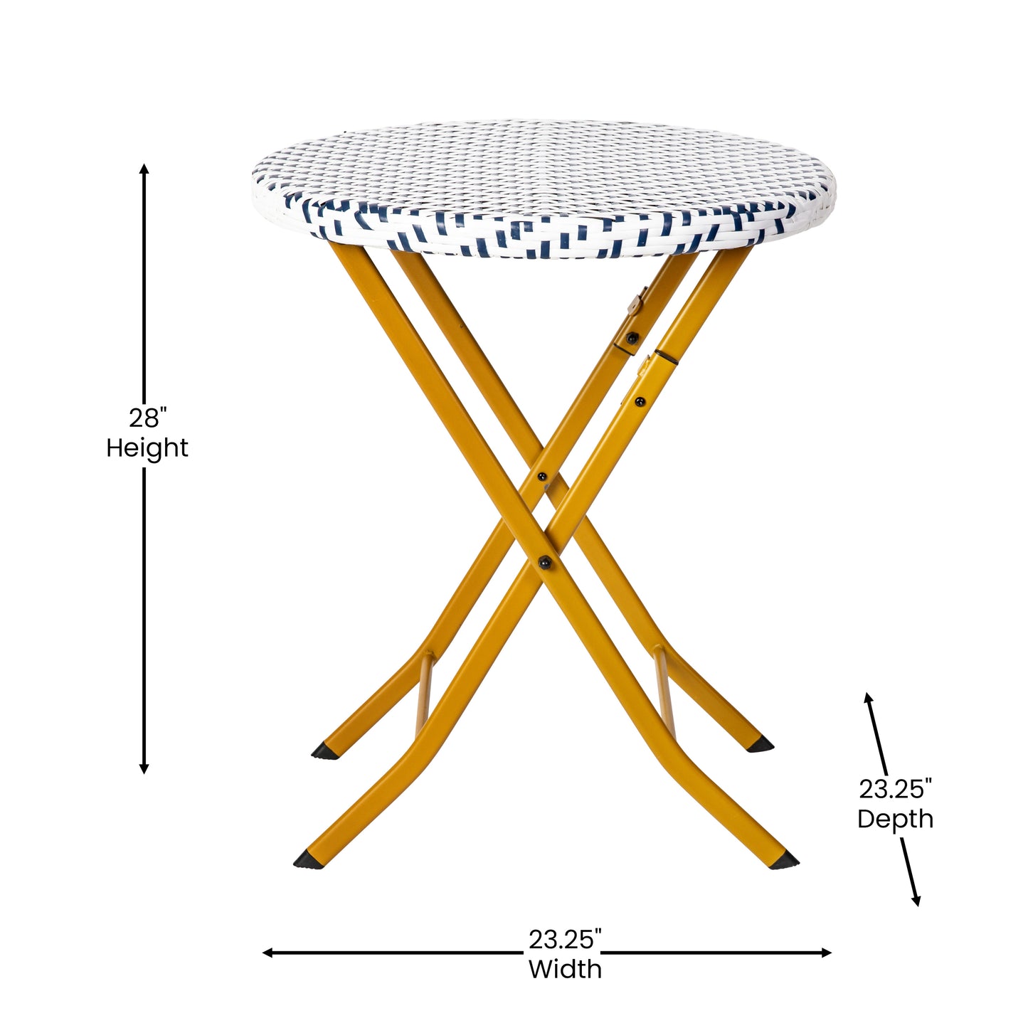 Rouen Three Piece Commercial Grade Foldable Bistro Set, Indoor/Outdoor PE Rattan Back, Seat and Table Top, Navy/White with Natural Steel Frames Navy & White