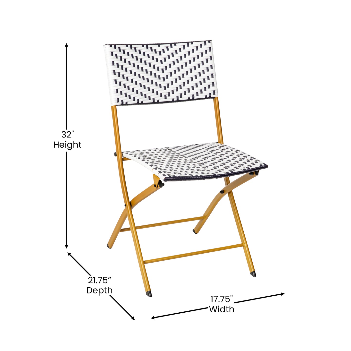 Rouen Three Piece Commercial Grade Foldable Bistro Set, Indoor/Outdoor PE Rattan Back, Seat and Table Top, Navy/White with Natural Steel Frames Navy & White