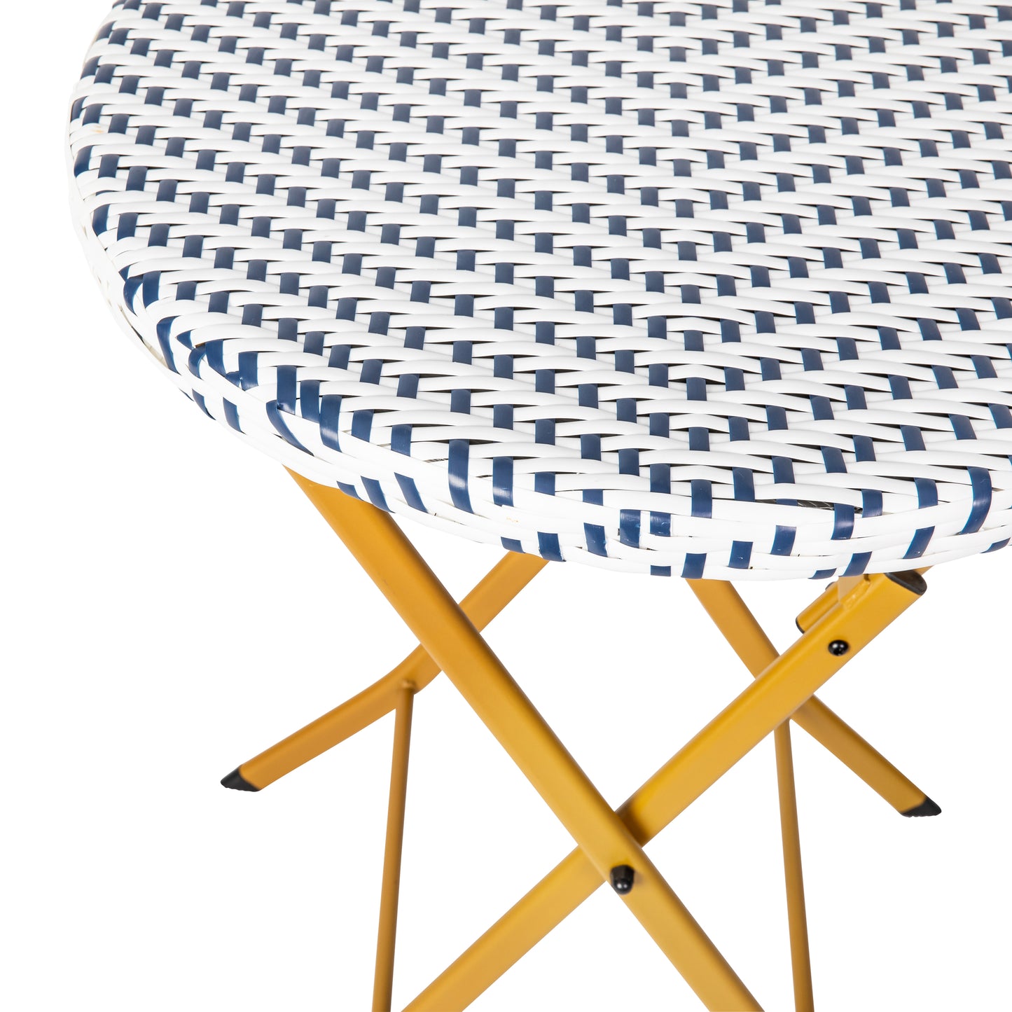 Rouen Three Piece Commercial Grade Foldable Bistro Set, Indoor/Outdoor PE Rattan Back, Seat and Table Top, Navy/White with Natural Steel Frames Navy & White