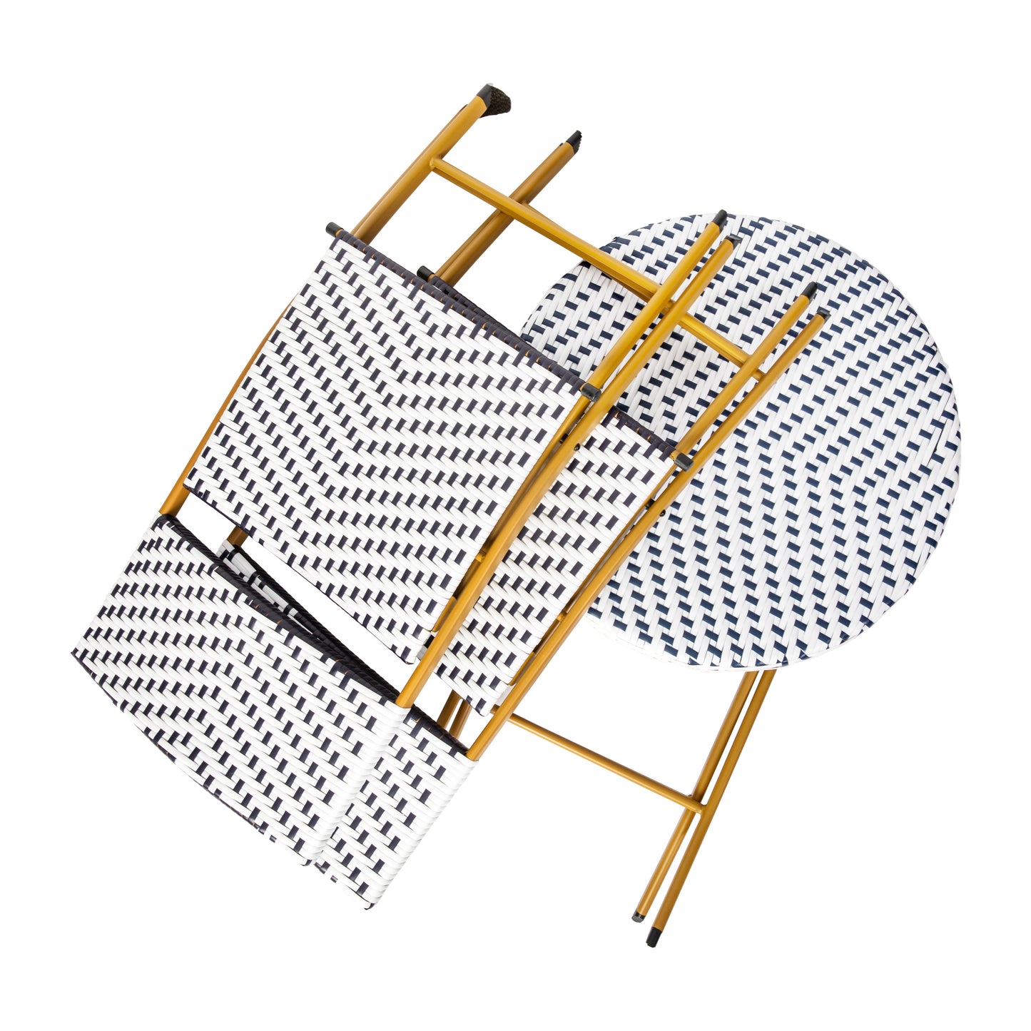 Rouen Three Piece Commercial Grade Foldable Bistro Set, Indoor/Outdoor PE Rattan Back, Seat and Table Top, Navy/White with Natural Steel Frames Navy & White