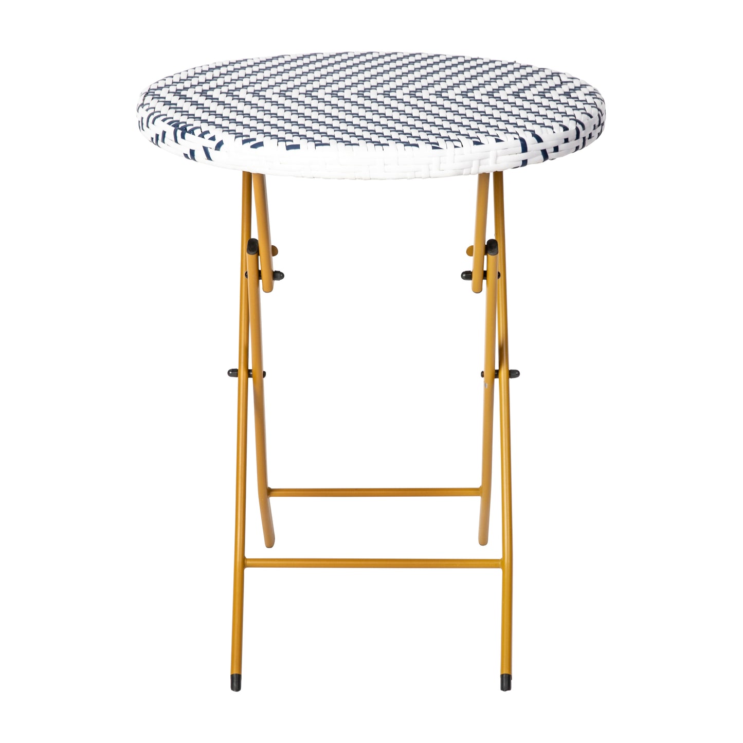 Rouen Three Piece Commercial Grade Foldable Bistro Set, Indoor/Outdoor PE Rattan Back, Seat and Table Top, Navy/White with Natural Steel Frames Navy & White