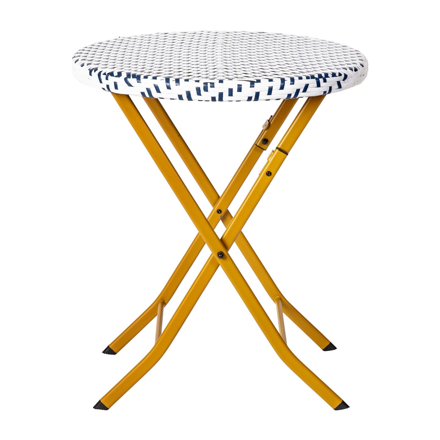 Rouen Three Piece Commercial Grade Foldable Bistro Set, Indoor/Outdoor PE Rattan Back, Seat and Table Top, Navy/White with Natural Steel Frames Navy & White