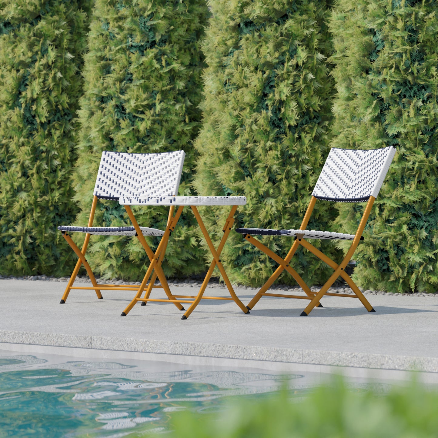 Rouen Three Piece Commercial Grade Foldable Bistro Set, Indoor/Outdoor PE Rattan Back, Seat and Table Top, Navy/White with Natural Steel Frames Navy & White