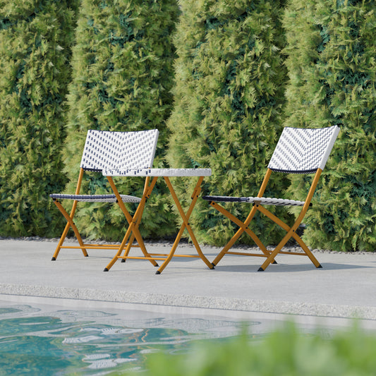 Rouen Three Piece Commercial Grade Foldable Bistro Set, Indoor/Outdoor PE Rattan Back, Seat and Table Top, Navy/White with Natural Steel Frames Navy & White