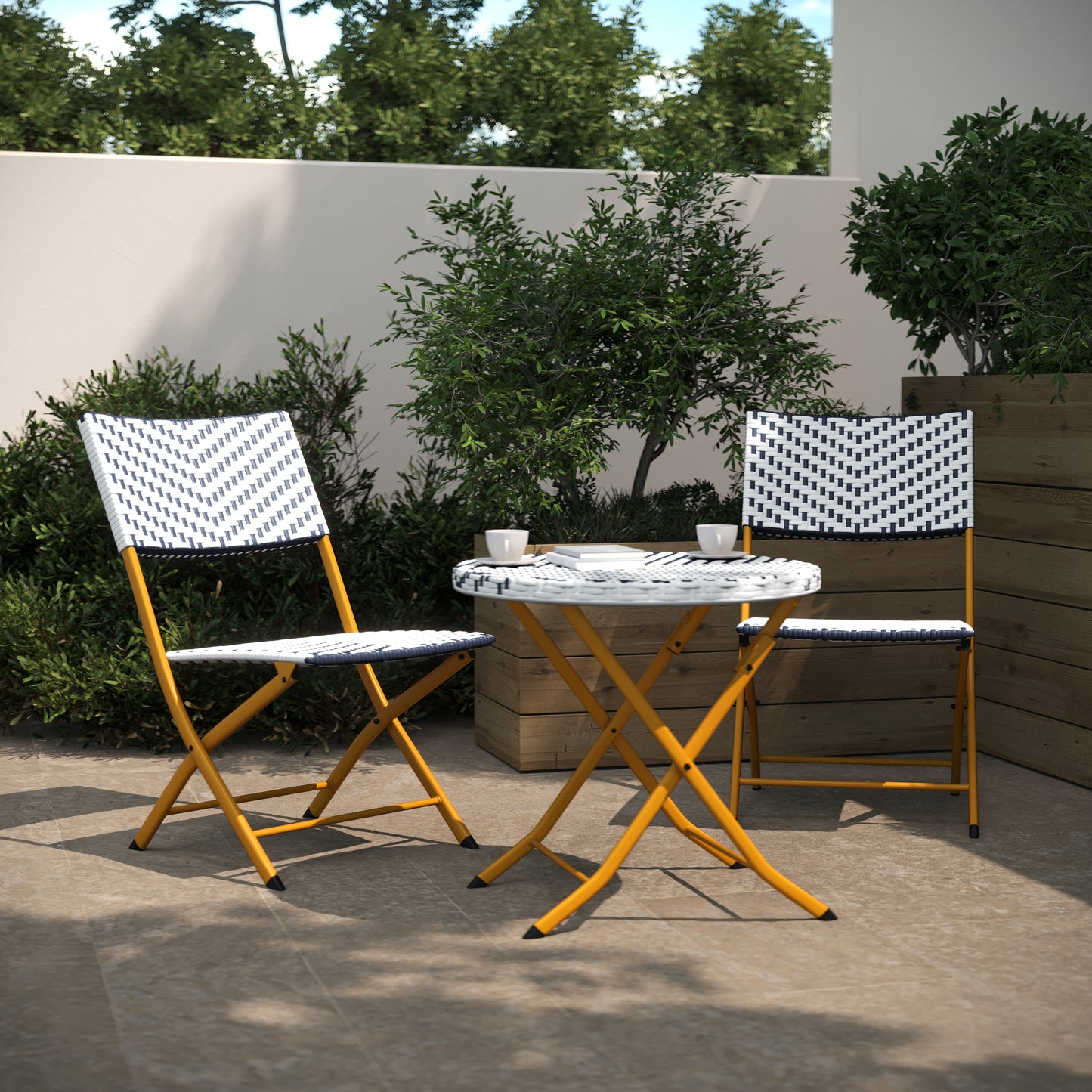 Rouen Three Piece Commercial Grade Foldable Bistro Set, Indoor/Outdoor PE Rattan Back, Seat and Table Top, Navy/White with Natural Steel Frames Navy & White