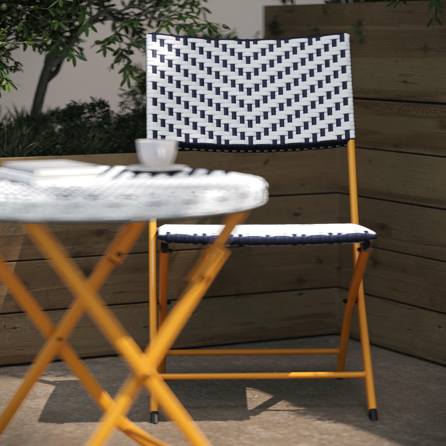 Rouen Three Piece Commercial Grade Foldable Bistro Set, Indoor/Outdoor PE Rattan Back, Seat and Table Top, Navy/White with Natural Steel Frames Navy & White