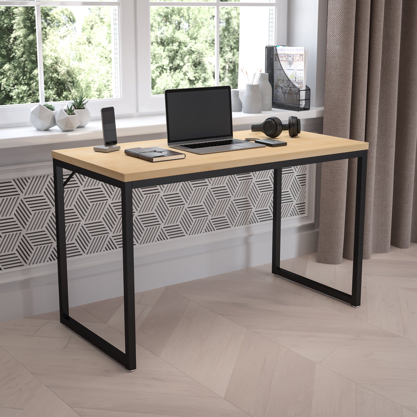 Tiverton Industrial Modern Desk - Commercial Grade Office Computer Desk and Home Office Desk - 47" Long (Maple/Black) Maple Top/Black Frame