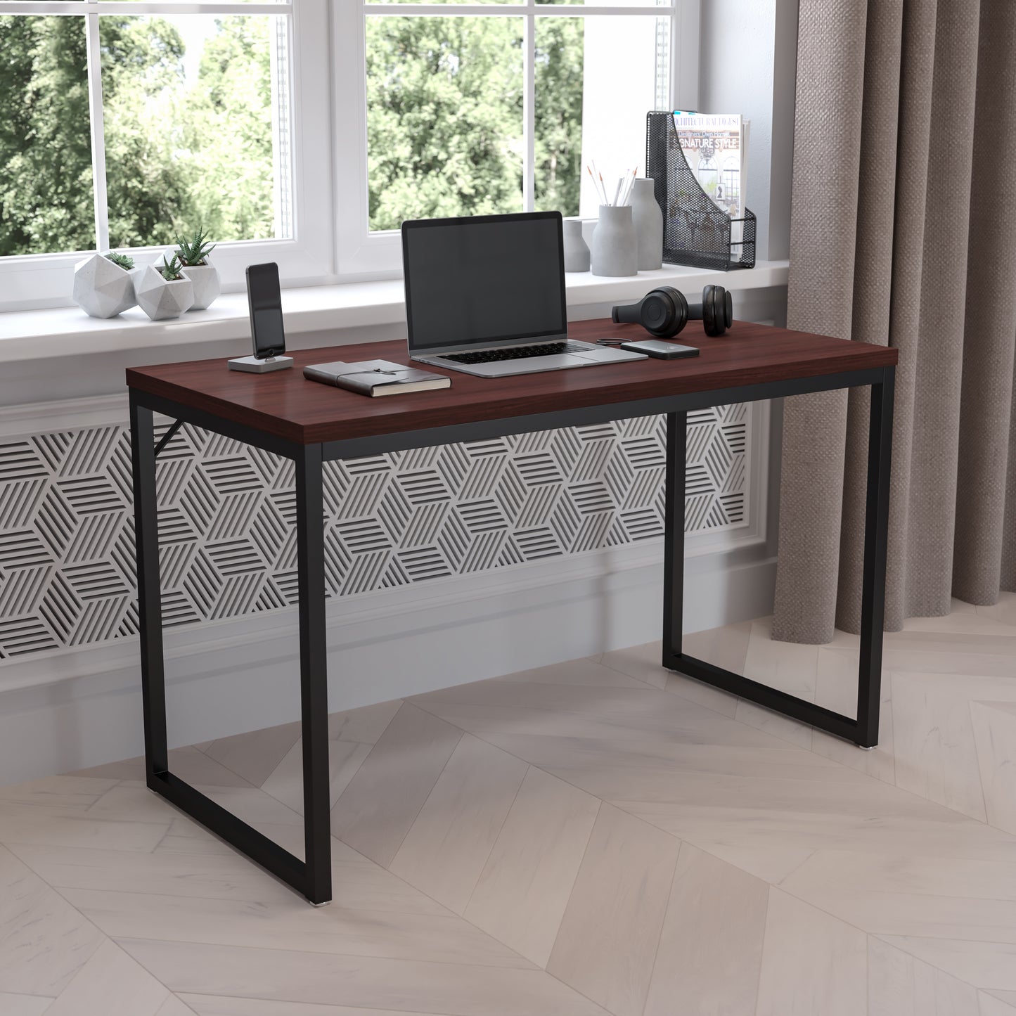 Tiverton Industrial Modern Desk - Commercial Grade Office Computer Desk and Home Office Desk - 47" Long (Mahogany/Black) Mahogany Top/Black Frame