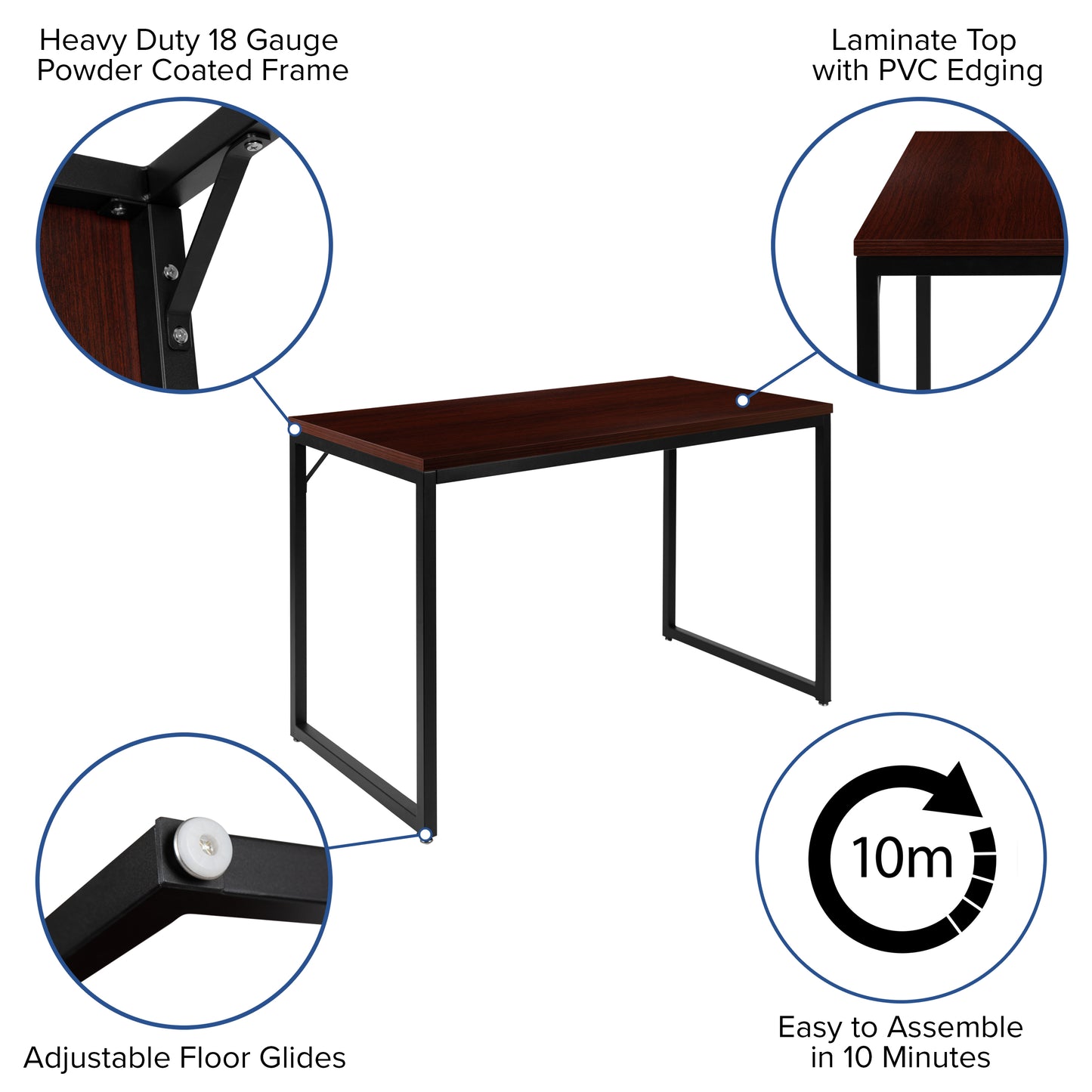 Tiverton Industrial Modern Desk - Commercial Grade Office Computer Desk and Home Office Desk - 47" Long (Mahogany/Black) Mahogany Top/Black Frame