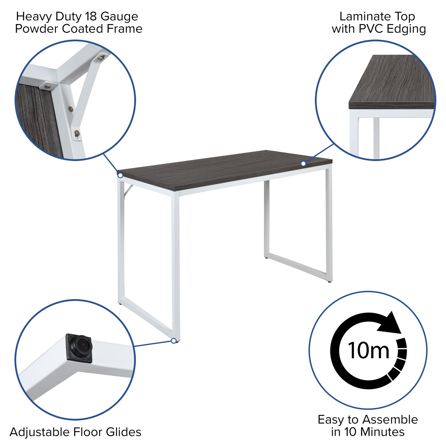 Kimberly Tiverton Industrial Modern Desk - Commercial Grade Office Computer Desk and Home Office Desk - 47" Long (Rustic Gray/White) Rustic Gray Top/White Frame