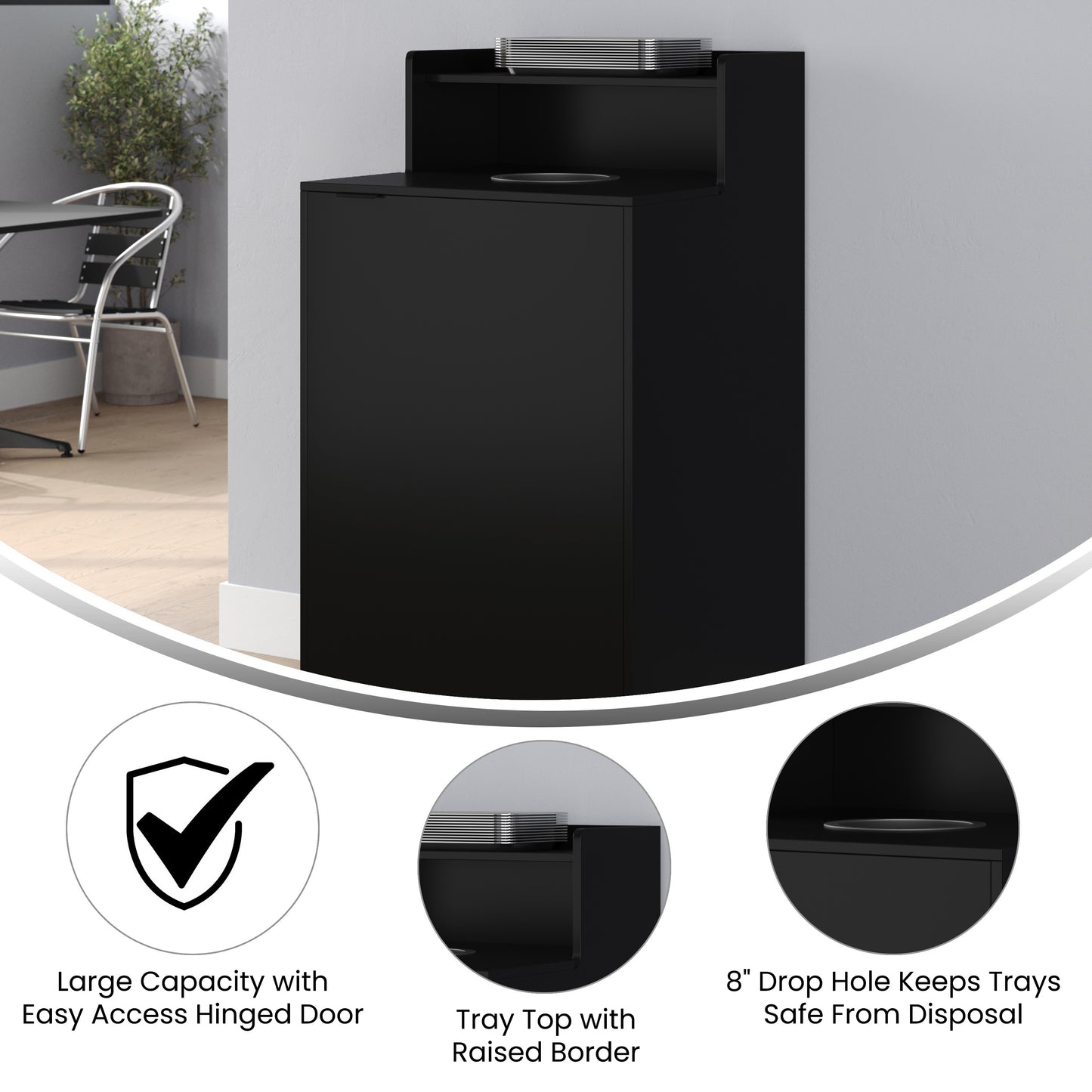 Dell Commercial Grade Trash Receptacle Enclosure for 32 Gallon Trash Cans with 8" Drop Hole and Upper Tray Shelf in Black Black