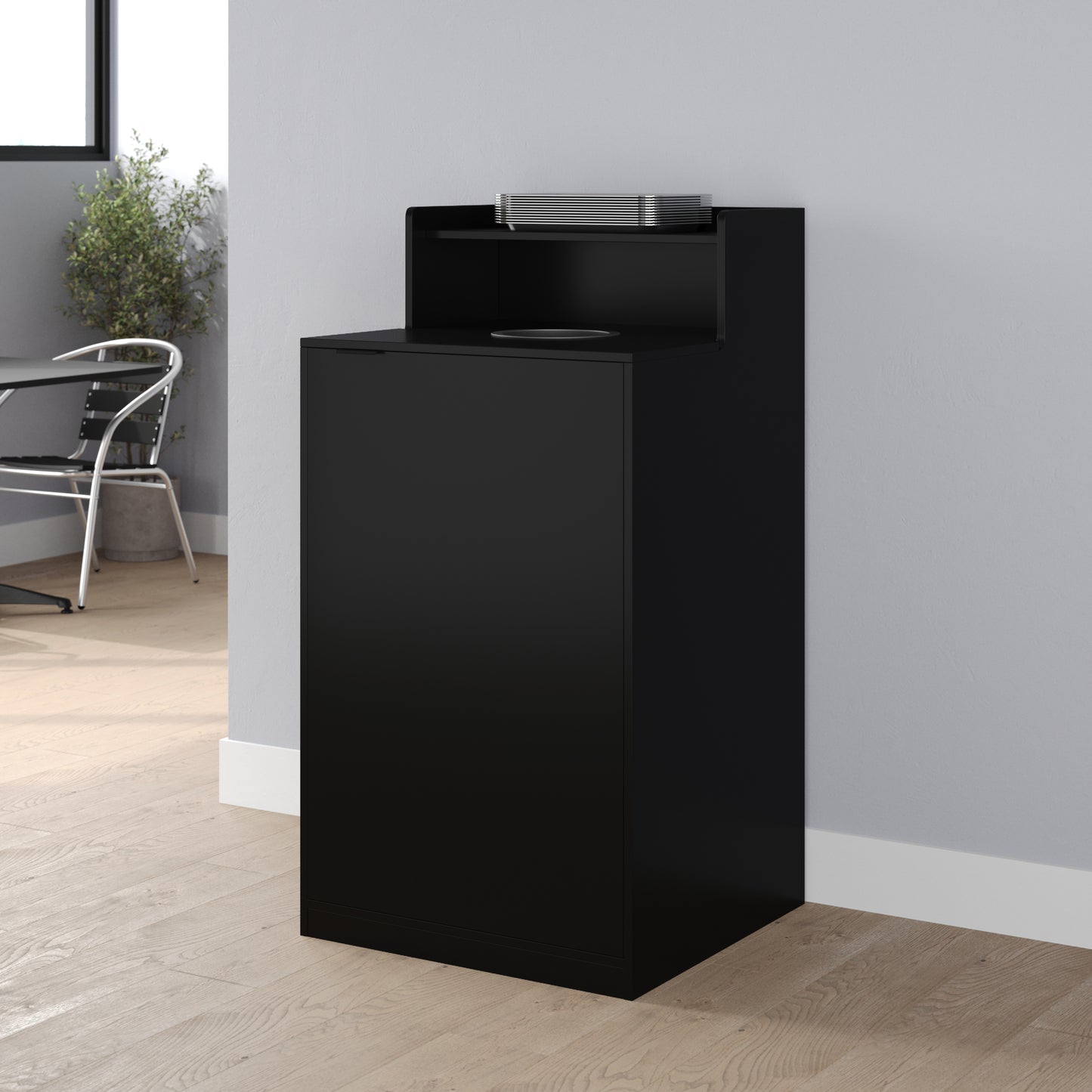 Dell Commercial Grade Trash Receptacle Enclosure for 32 Gallon Trash Cans with 8" Drop Hole and Upper Tray Shelf in Black Black