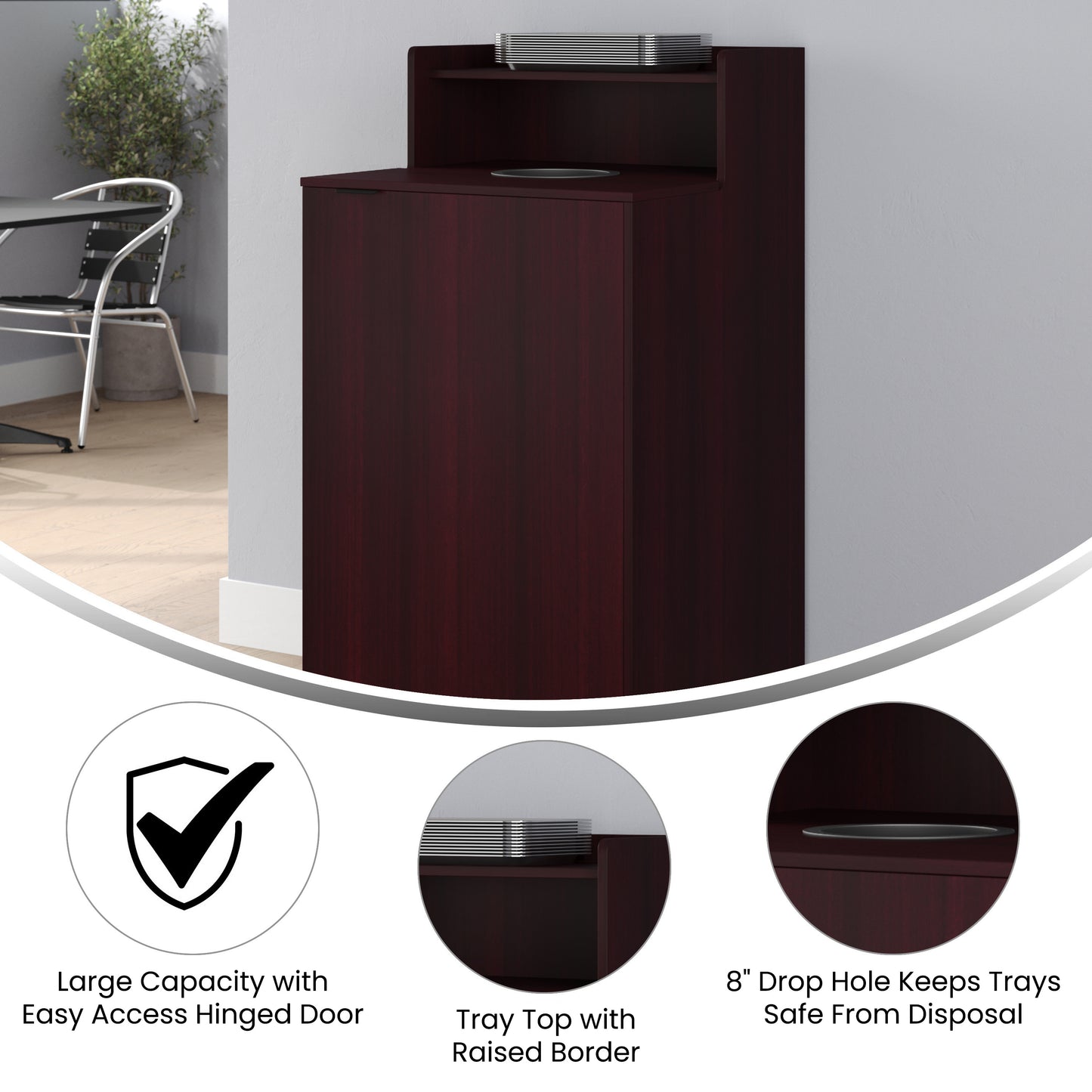 Dell Commercial Grade Trash Receptacle Enclosure for 32 Gallon Trash Cans with 8" Drop Hole and Upper Tray Shelf in Mahogany Mahogany