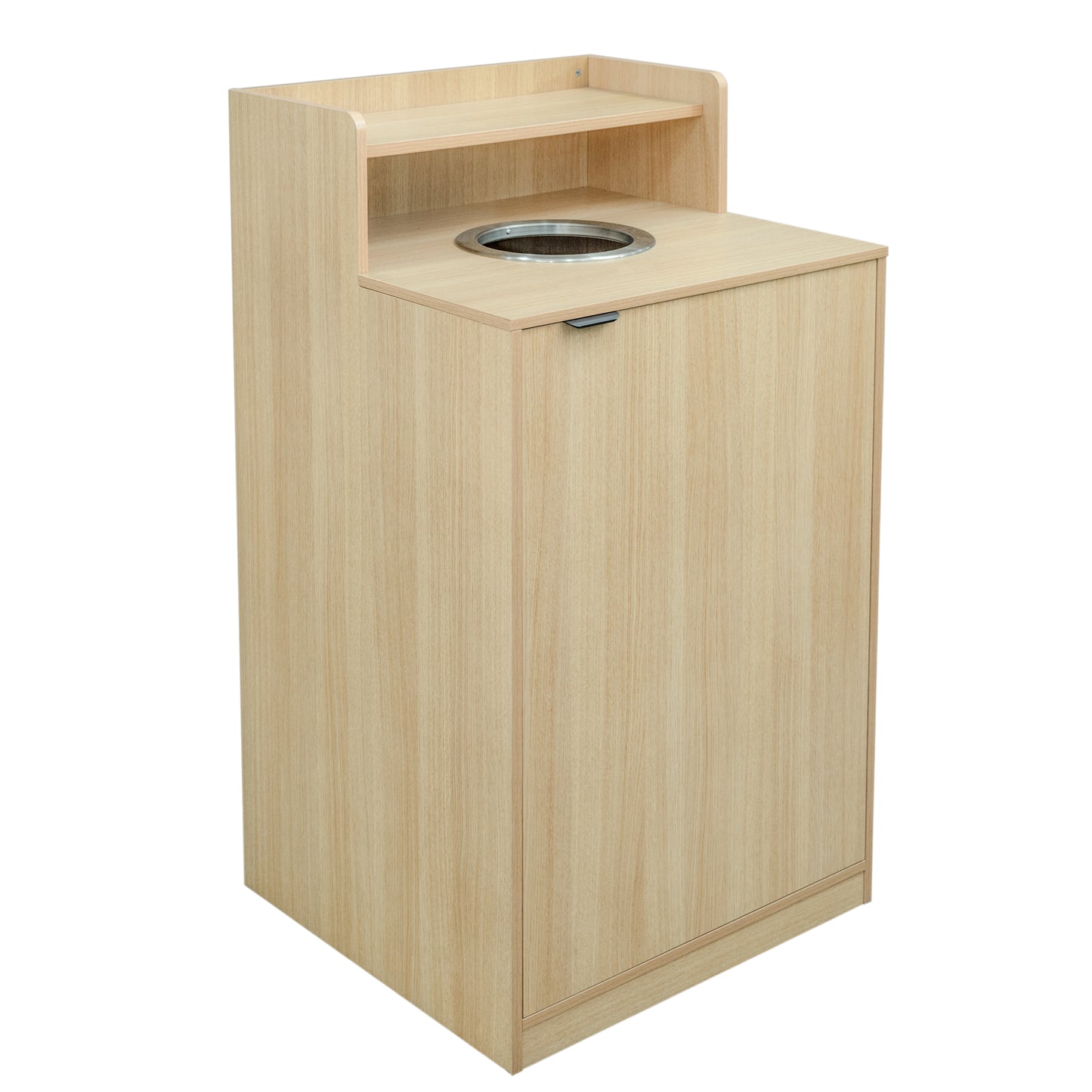 Dell Commercial Grade Trash Receptacle Enclosure for 32 Gallon Trash Cans with 8" Drop Hole and Upper Tray Shelf in Oak Oak