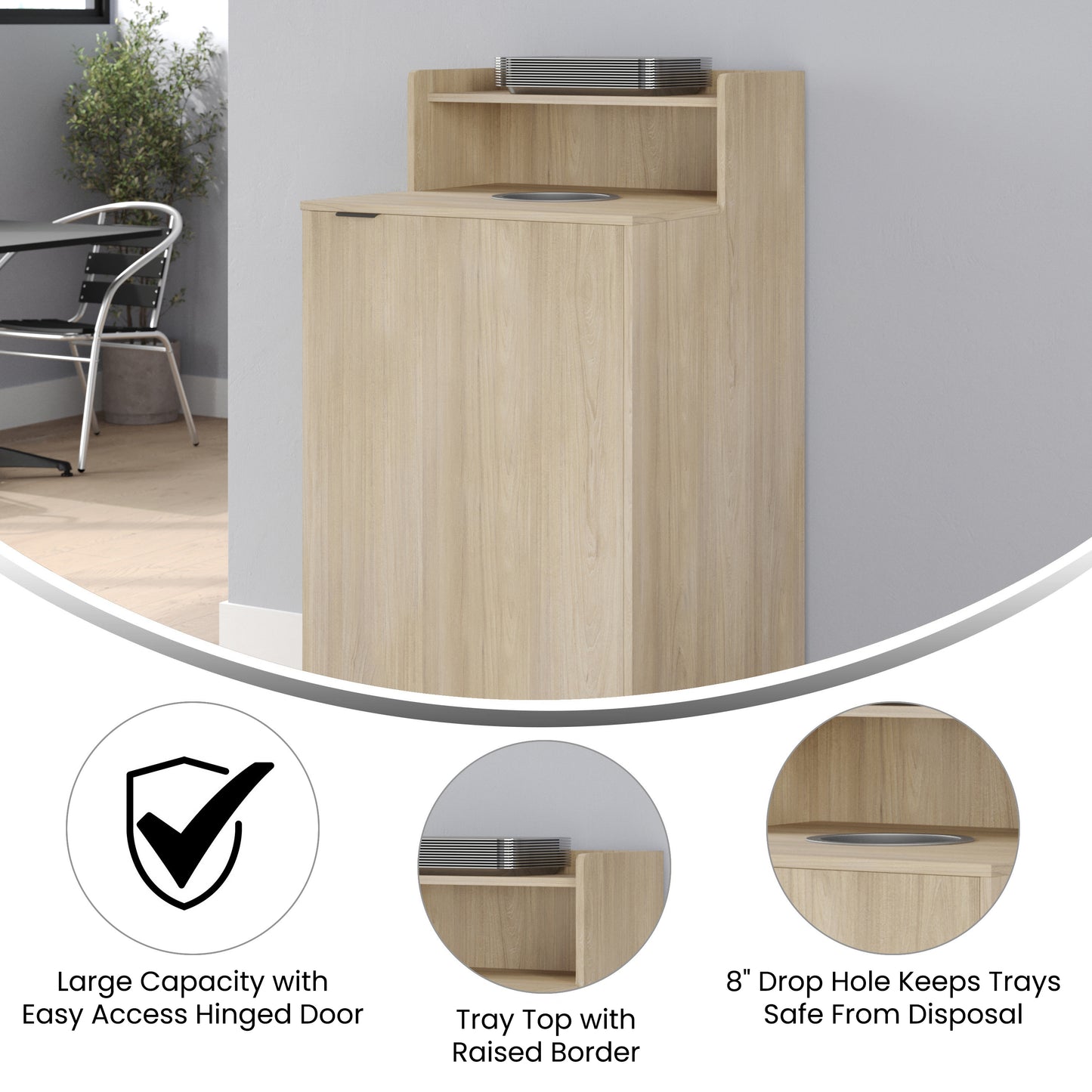 Dell Commercial Grade Trash Receptacle Enclosure for 32 Gallon Trash Cans with 8" Drop Hole and Upper Tray Shelf in Oak Oak