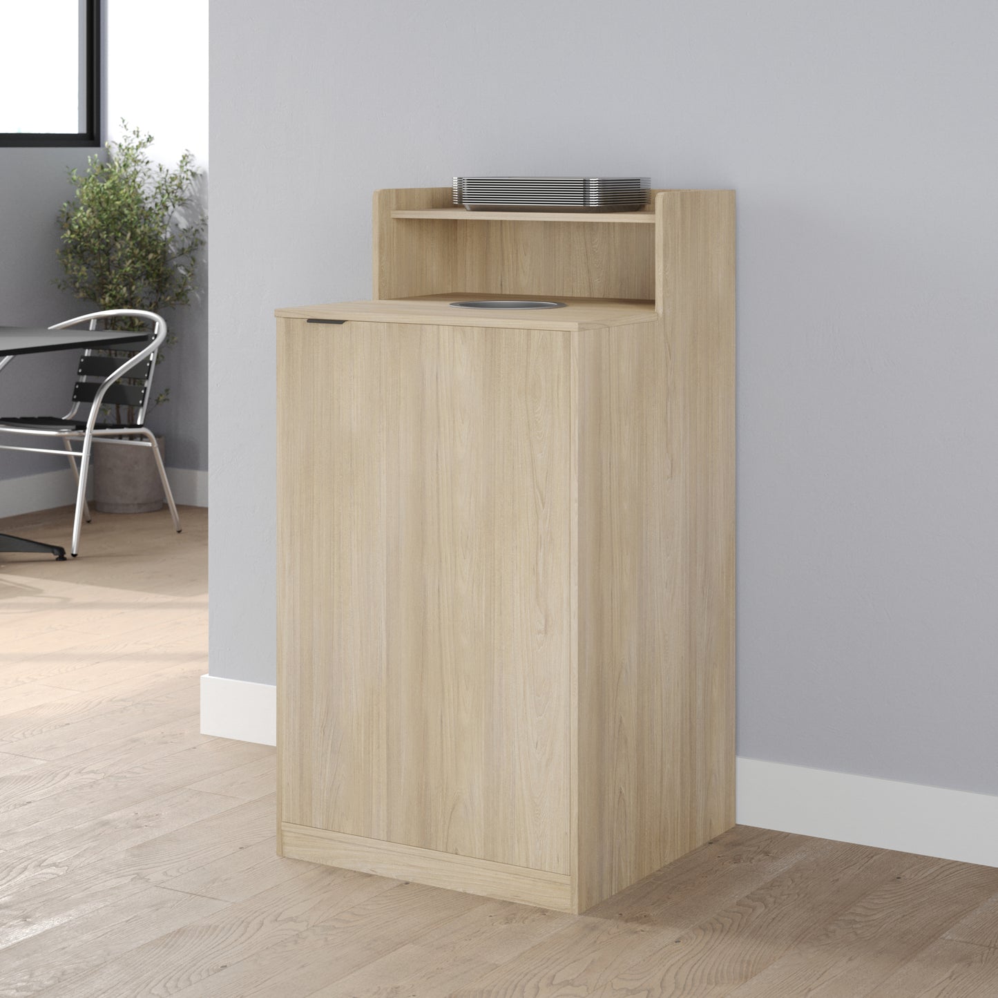 Dell Commercial Grade Trash Receptacle Enclosure for 32 Gallon Trash Cans with 8" Drop Hole and Upper Tray Shelf in Oak Oak