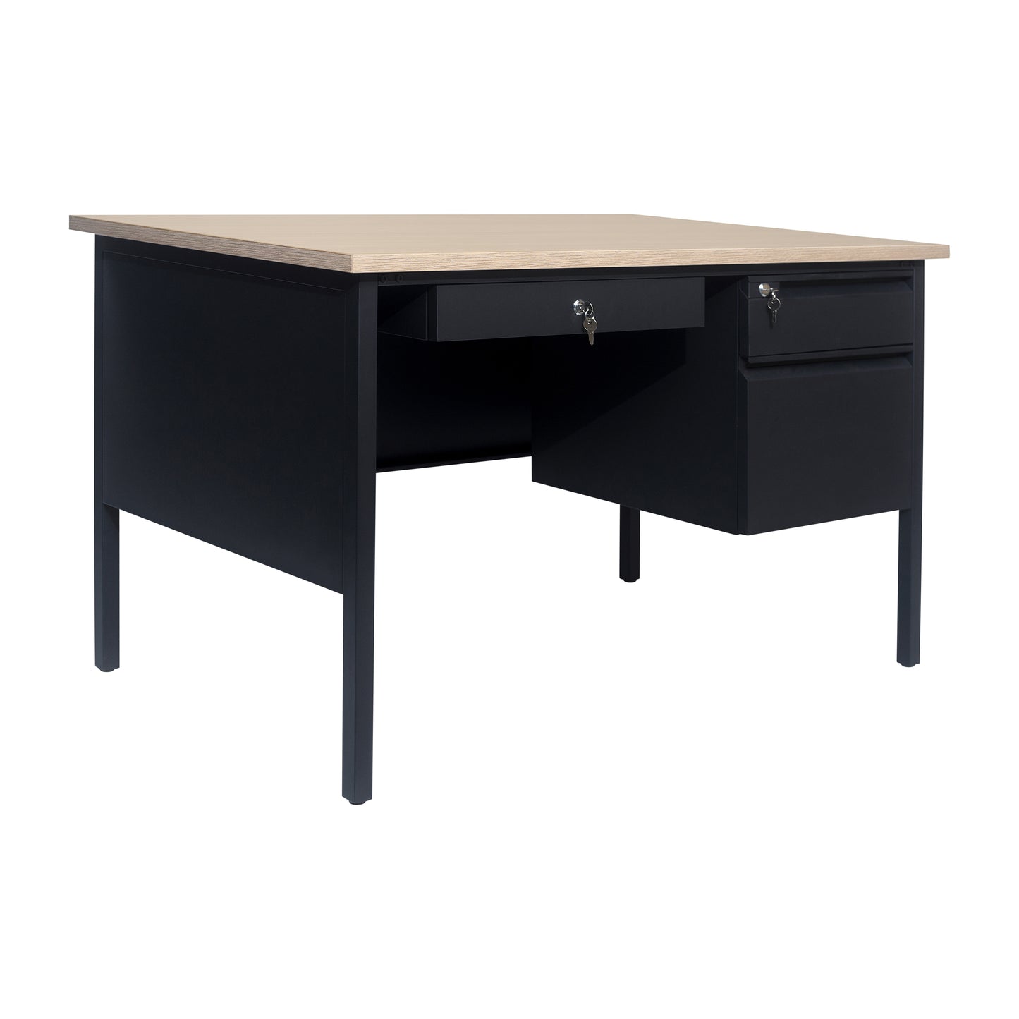 Cambridge Commercial Grade 30x48 Right Side Single Pedestal Desk with 3 Locking Drawers, White Oak Top and Black Frame White Oak