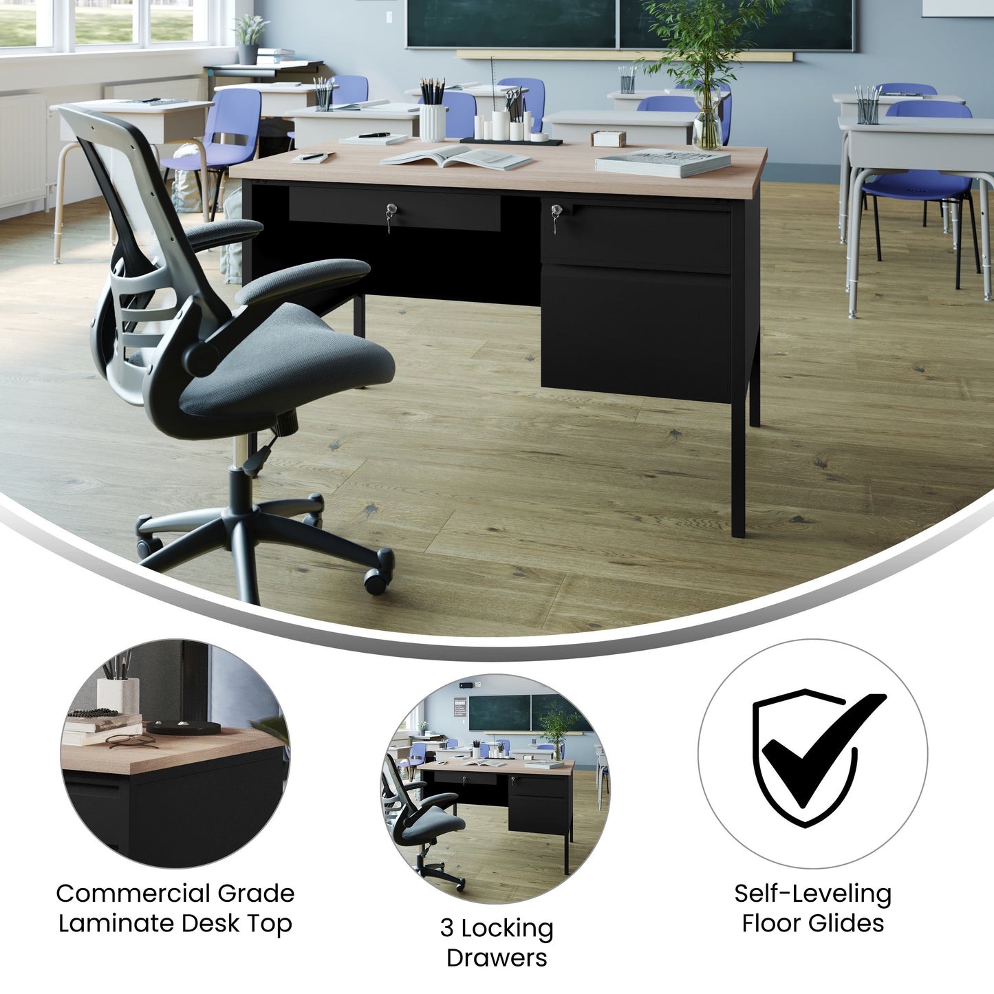 Cambridge Commercial Grade 30x48 Right Side Single Pedestal Desk with 3 Locking Drawers, White Oak Top and Black Frame White Oak