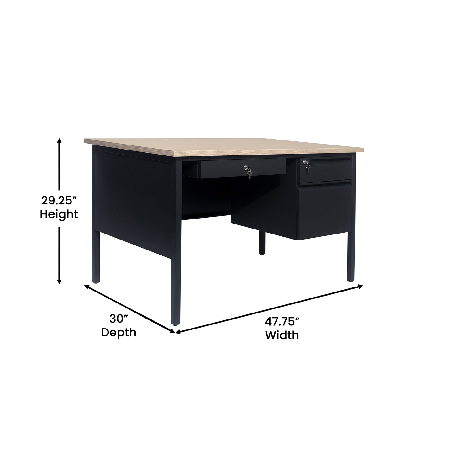 Cambridge Commercial Grade 30x48 Right Side Single Pedestal Desk with 3 Locking Drawers, White Oak Top and Black Frame White Oak