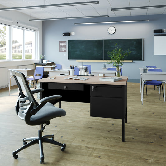 Cambridge Commercial Grade 30x48 Right Side Single Pedestal Desk with 3 Locking Drawers, White Oak Top and Black Frame White Oak GC-M-BLK-173-WHTOAK-GG