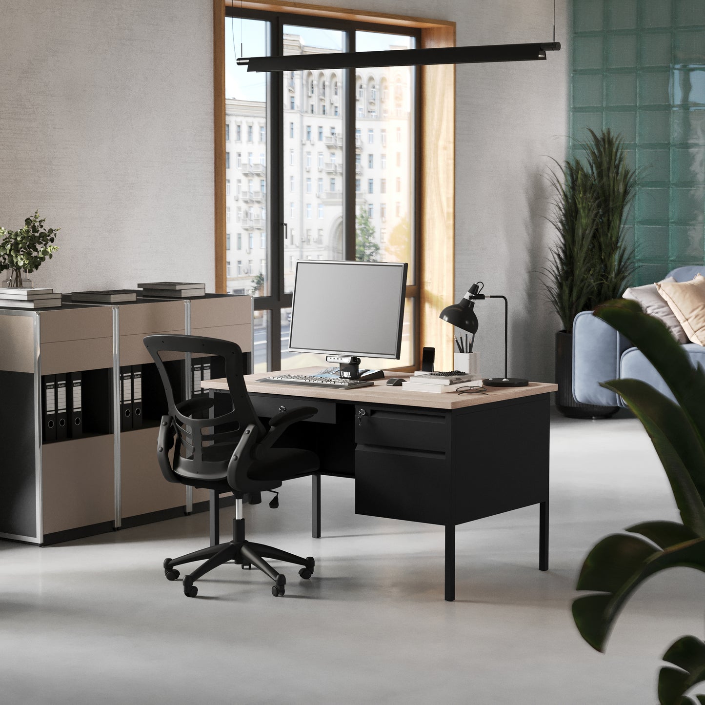 Cambridge Commercial Grade 30x48 Right Side Single Pedestal Desk with 3 Locking Drawers, White Oak Top and Black Frame White Oak