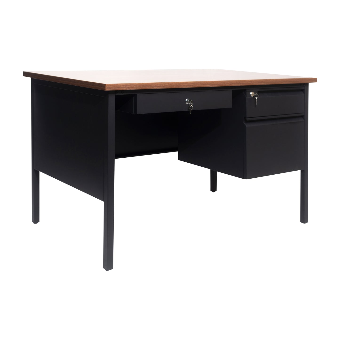 Cambridge Commercial Grade 30x48 Right Side Single Pedestal Desk with 3 Locking Drawers, Walnut Top and Black Frame Walnut
