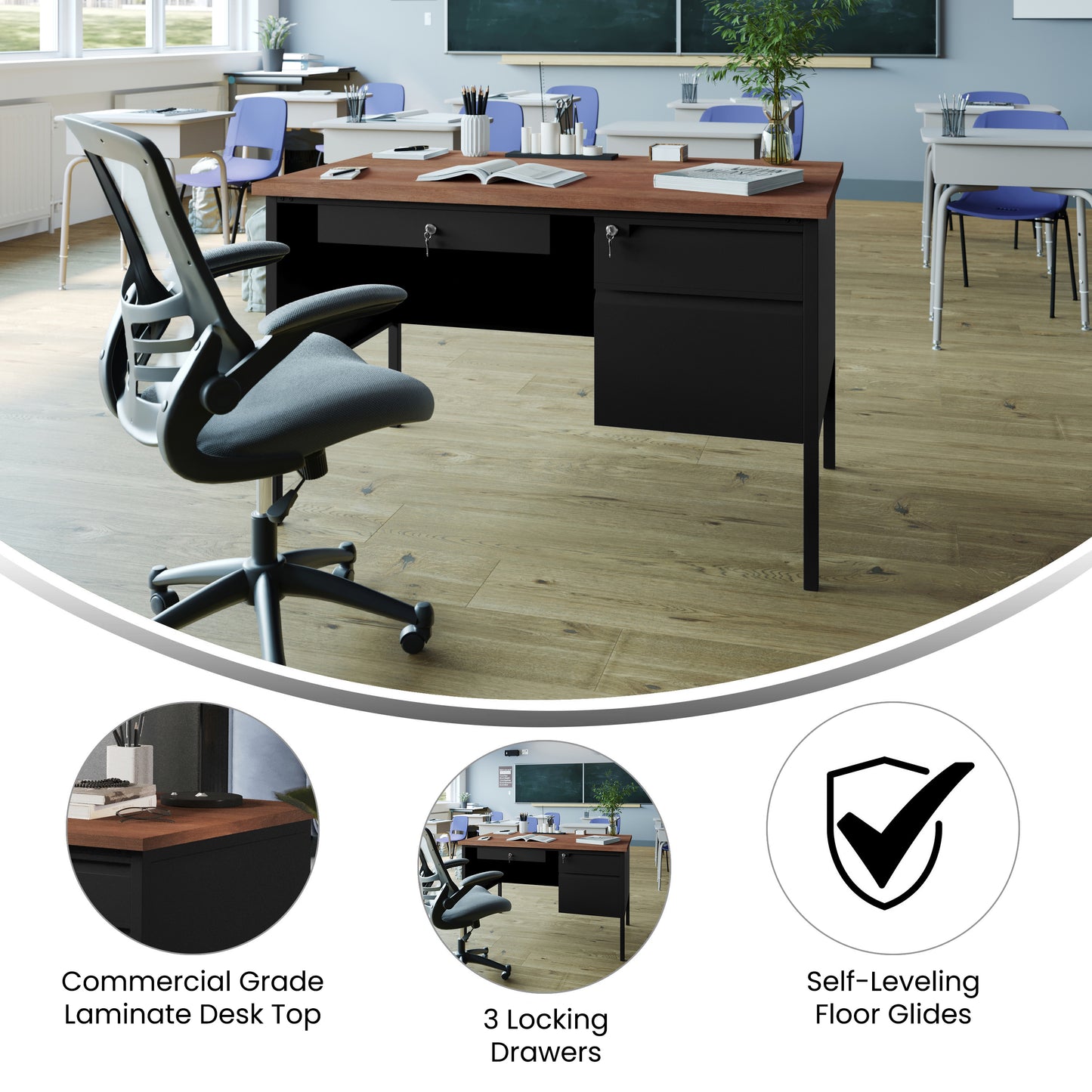 Cambridge Commercial Grade 30x48 Right Side Single Pedestal Desk with 3 Locking Drawers, Walnut Top and Black Frame Walnut