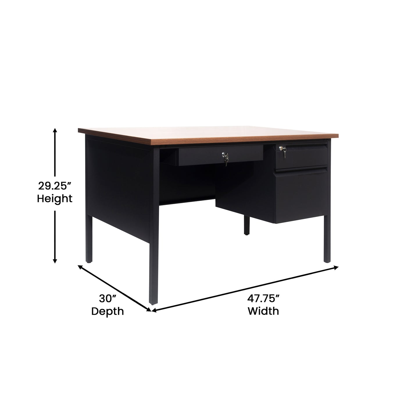 Cambridge Commercial Grade 30x48 Right Side Single Pedestal Desk with 3 Locking Drawers, Walnut Top and Black Frame Walnut