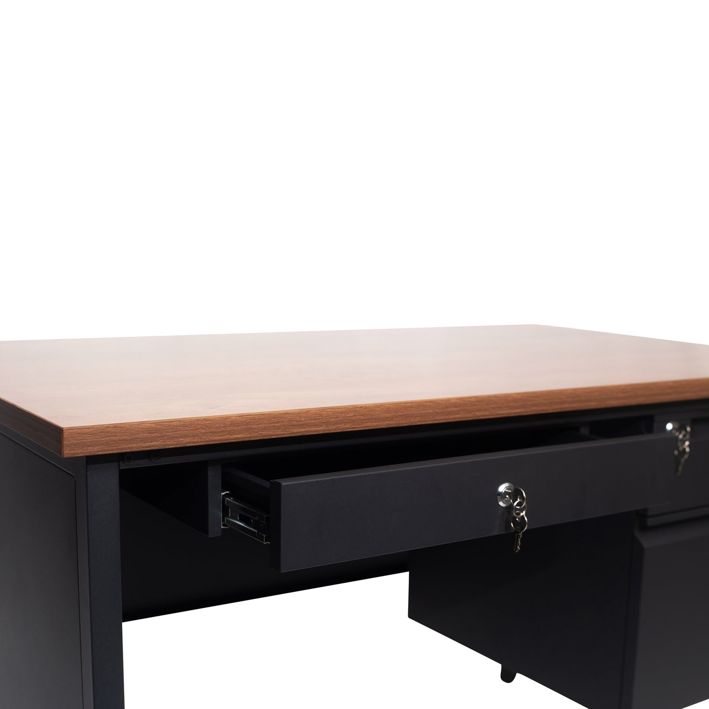 Cambridge Commercial Grade 30x48 Right Side Single Pedestal Desk with 3 Locking Drawers, Walnut Top and Black Frame Walnut