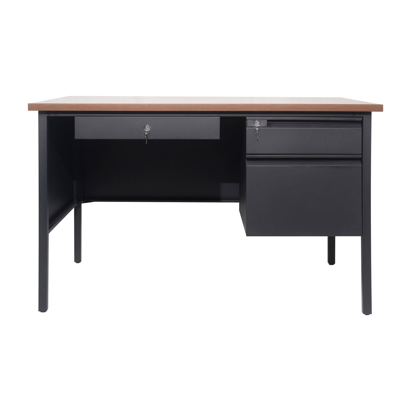 Cambridge Commercial Grade 30x48 Right Side Single Pedestal Desk with 3 Locking Drawers, Walnut Top and Black Frame Walnut