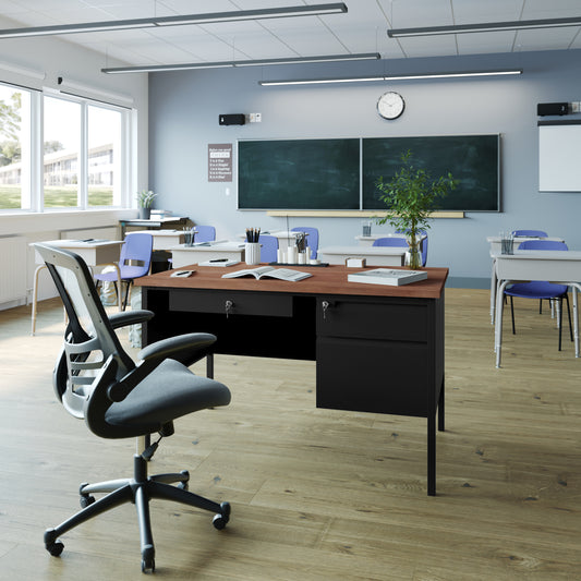 Cambridge Commercial Grade 30x48 Right Side Single Pedestal Desk with 3 Locking Drawers, Walnut Top and Black Frame Walnut
