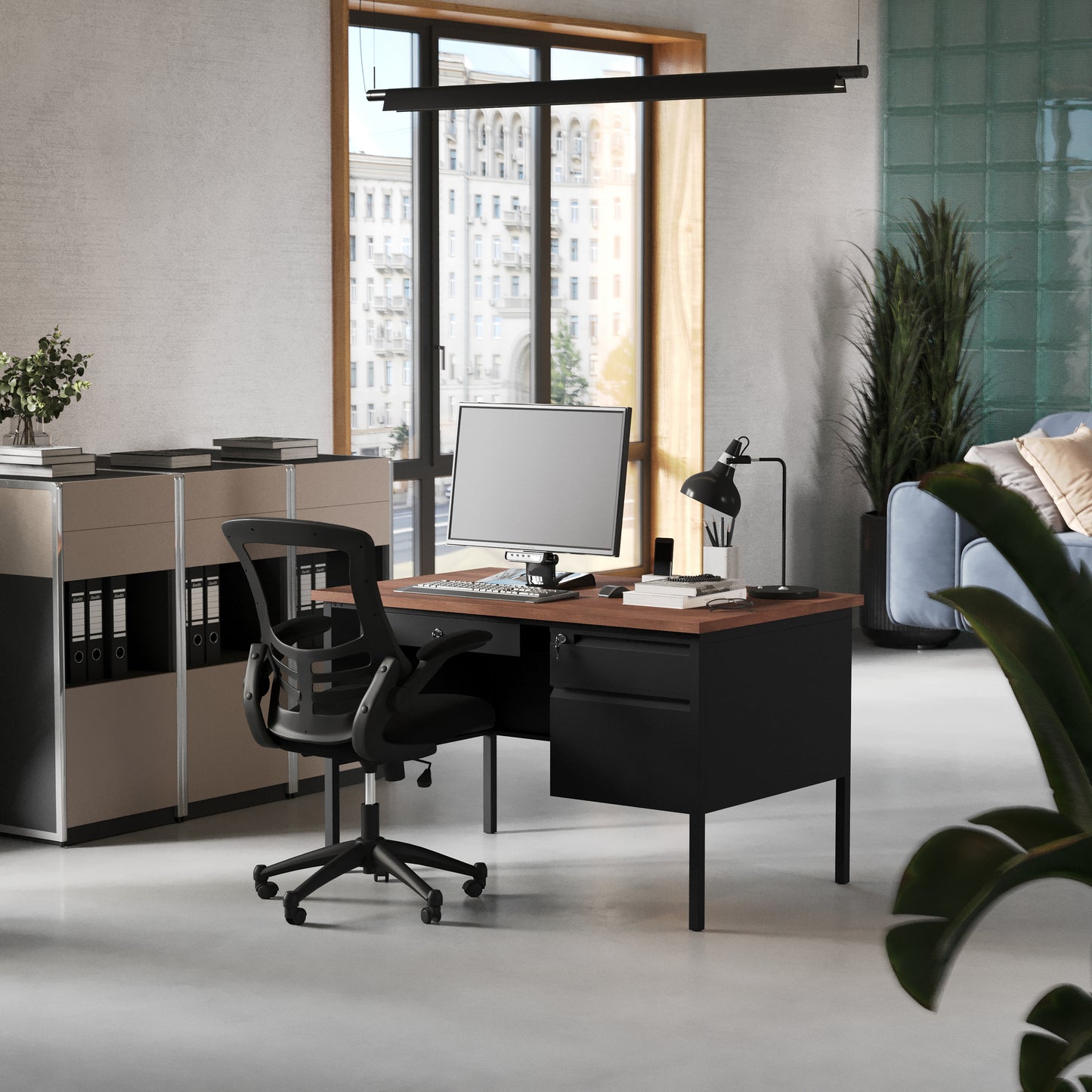 Cambridge Commercial Grade 30x48 Right Side Single Pedestal Desk with 3 Locking Drawers, Walnut Top and Black Frame Walnut