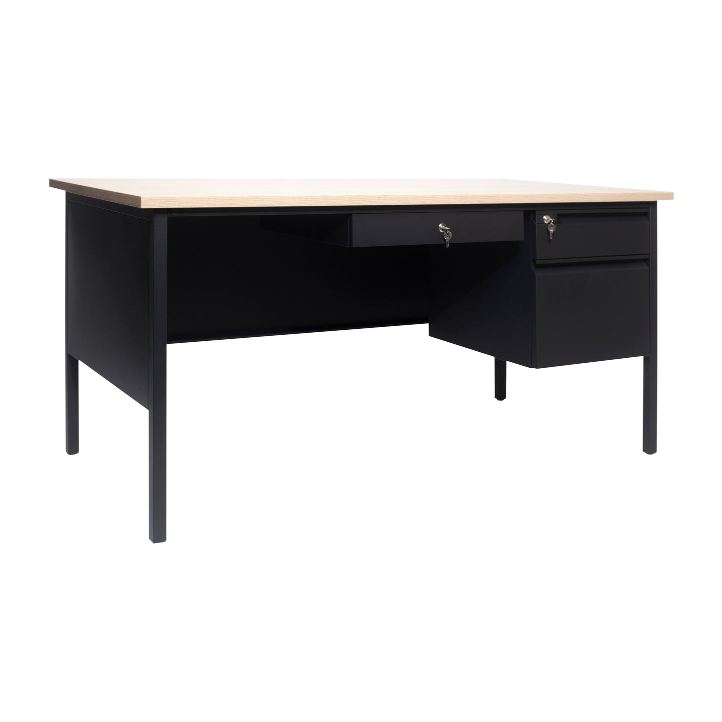 Cambridge Commercial Grade 30x60 Right Side Single Pedestal Desk with 3 Locking Drawers, White Oak Top and Black Frame White Oak