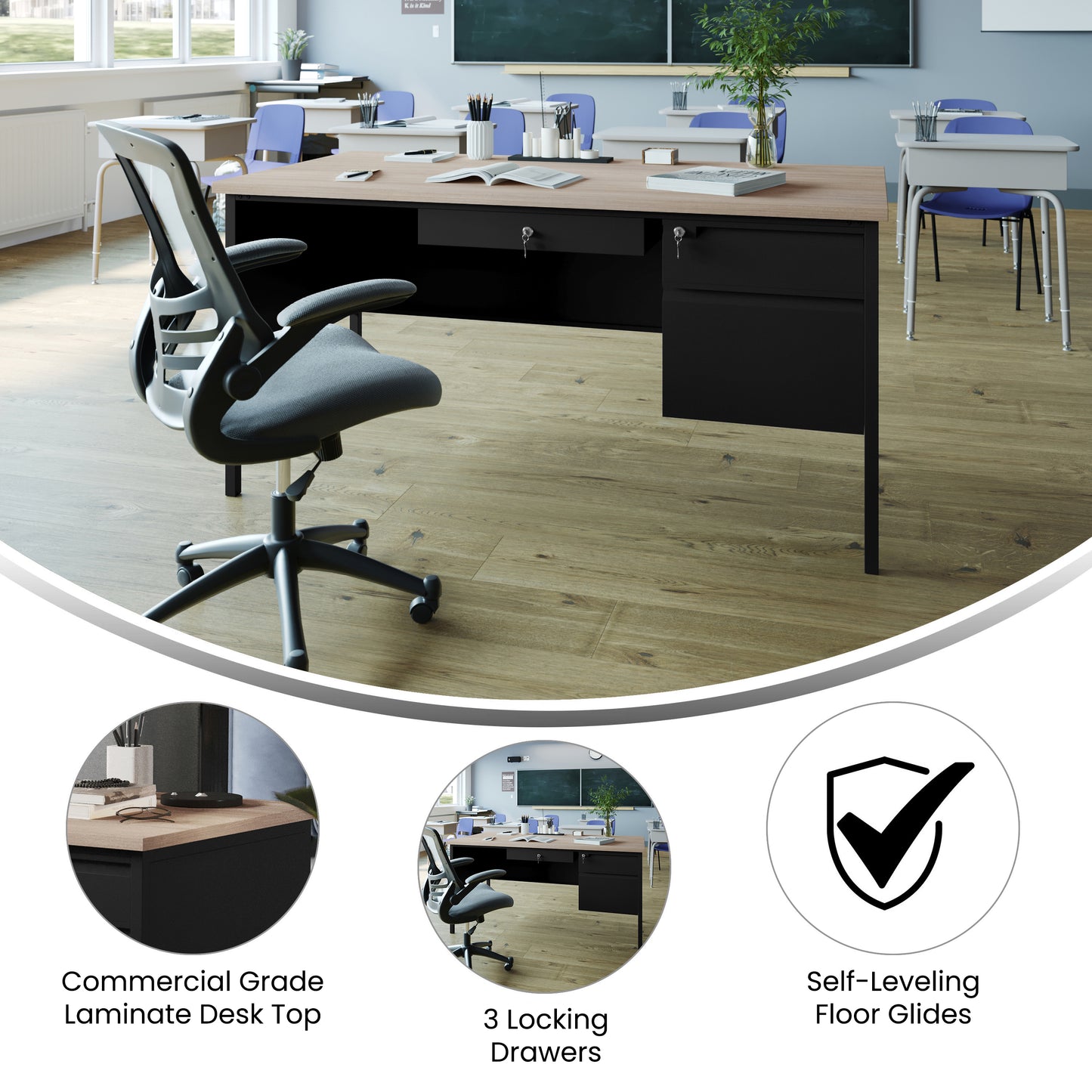 Cambridge Commercial Grade 30x60 Right Side Single Pedestal Desk with 3 Locking Drawers, White Oak Top and Black Frame White Oak