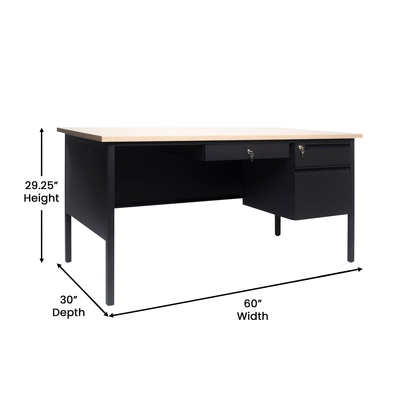 Cambridge Commercial Grade 30x60 Right Side Single Pedestal Desk with 3 Locking Drawers, White Oak Top and Black Frame White Oak