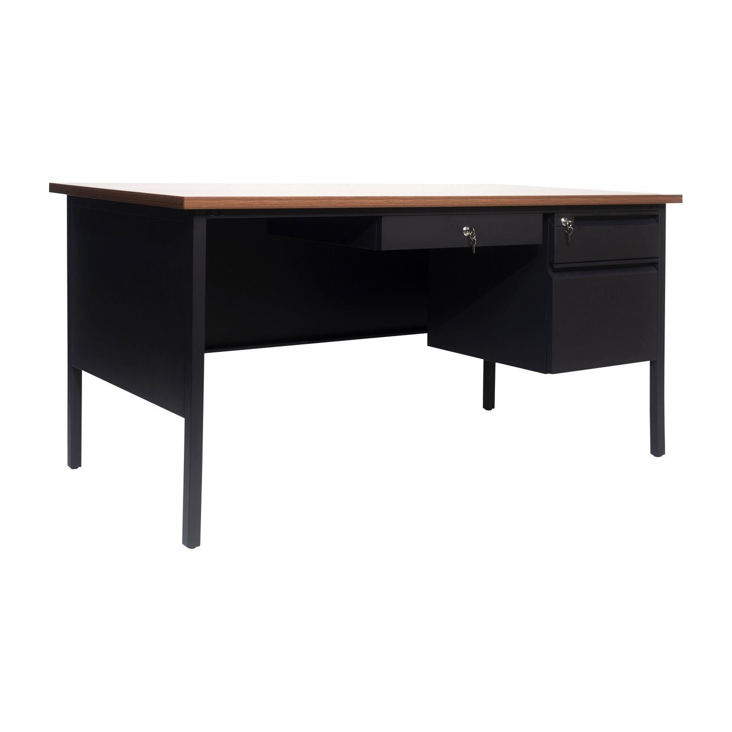 Cambridge Commercial Grade 30x60 Right Side Single Pedestal Desk with 3 Locking Drawers, Walnut Top and Black Frame Walnut
