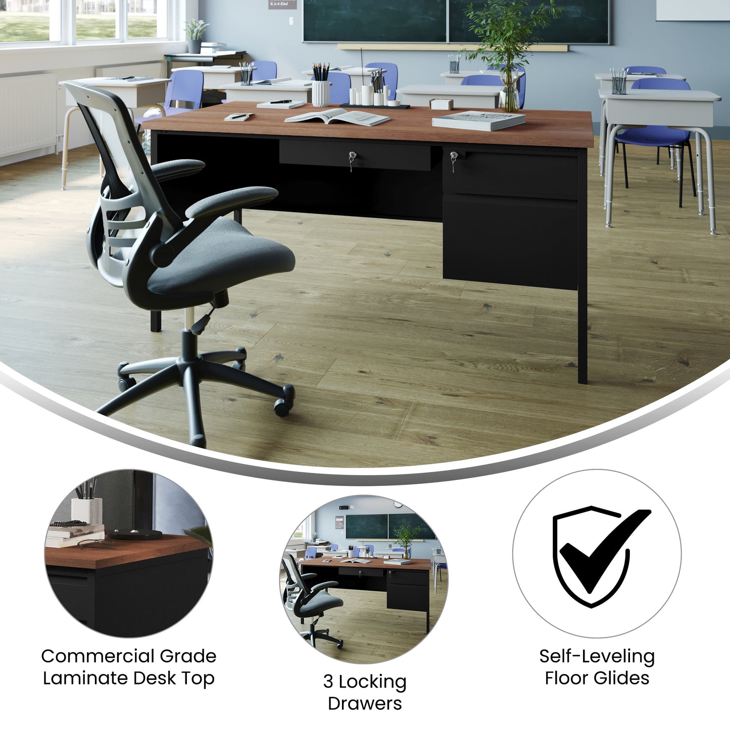 Cambridge Commercial Grade 30x60 Right Side Single Pedestal Desk with 3 Locking Drawers, Walnut Top and Black Frame Walnut