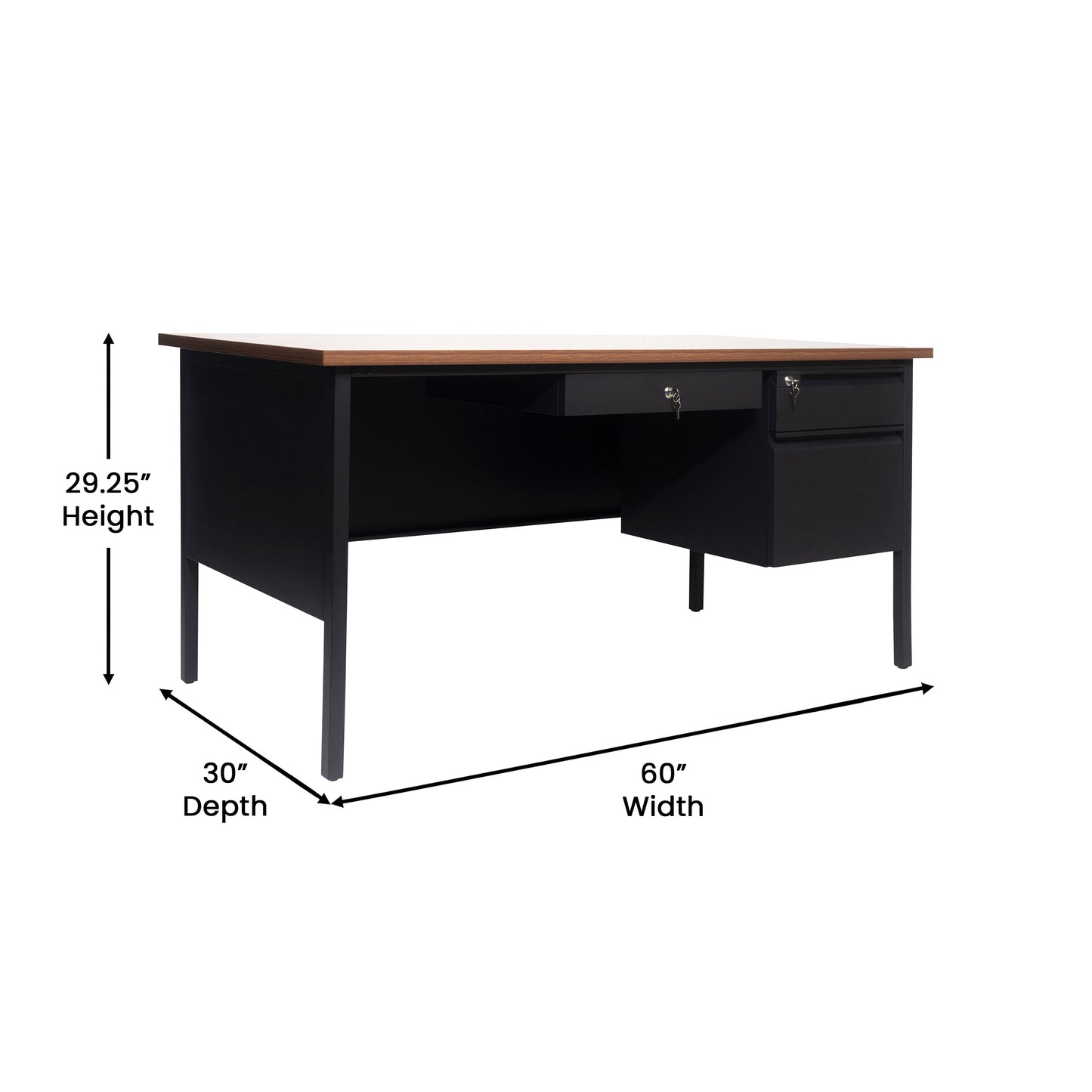 Cambridge Commercial Grade 30x60 Right Side Single Pedestal Desk with 3 Locking Drawers, Walnut Top and Black Frame Walnut