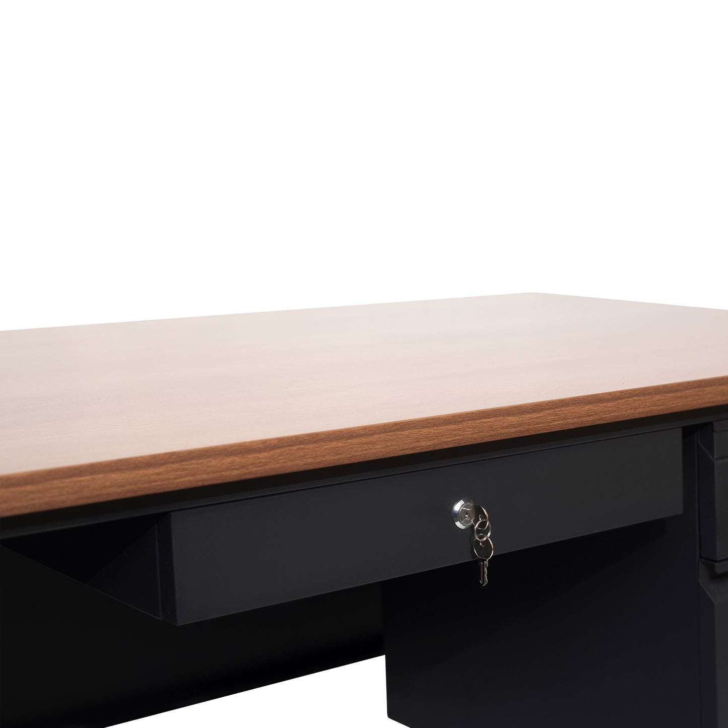 Cambridge Commercial Grade 30x60 Right Side Single Pedestal Desk with 3 Locking Drawers, Walnut Top and Black Frame Walnut