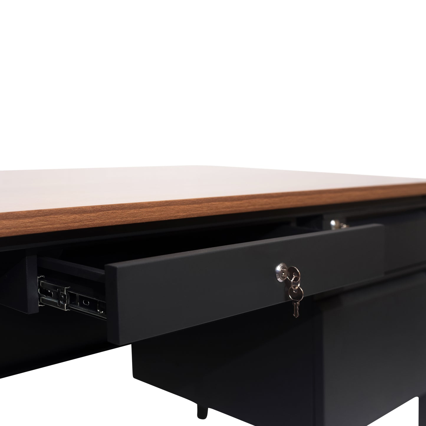 Cambridge Commercial Grade 30x60 Right Side Single Pedestal Desk with 3 Locking Drawers, Walnut Top and Black Frame Walnut